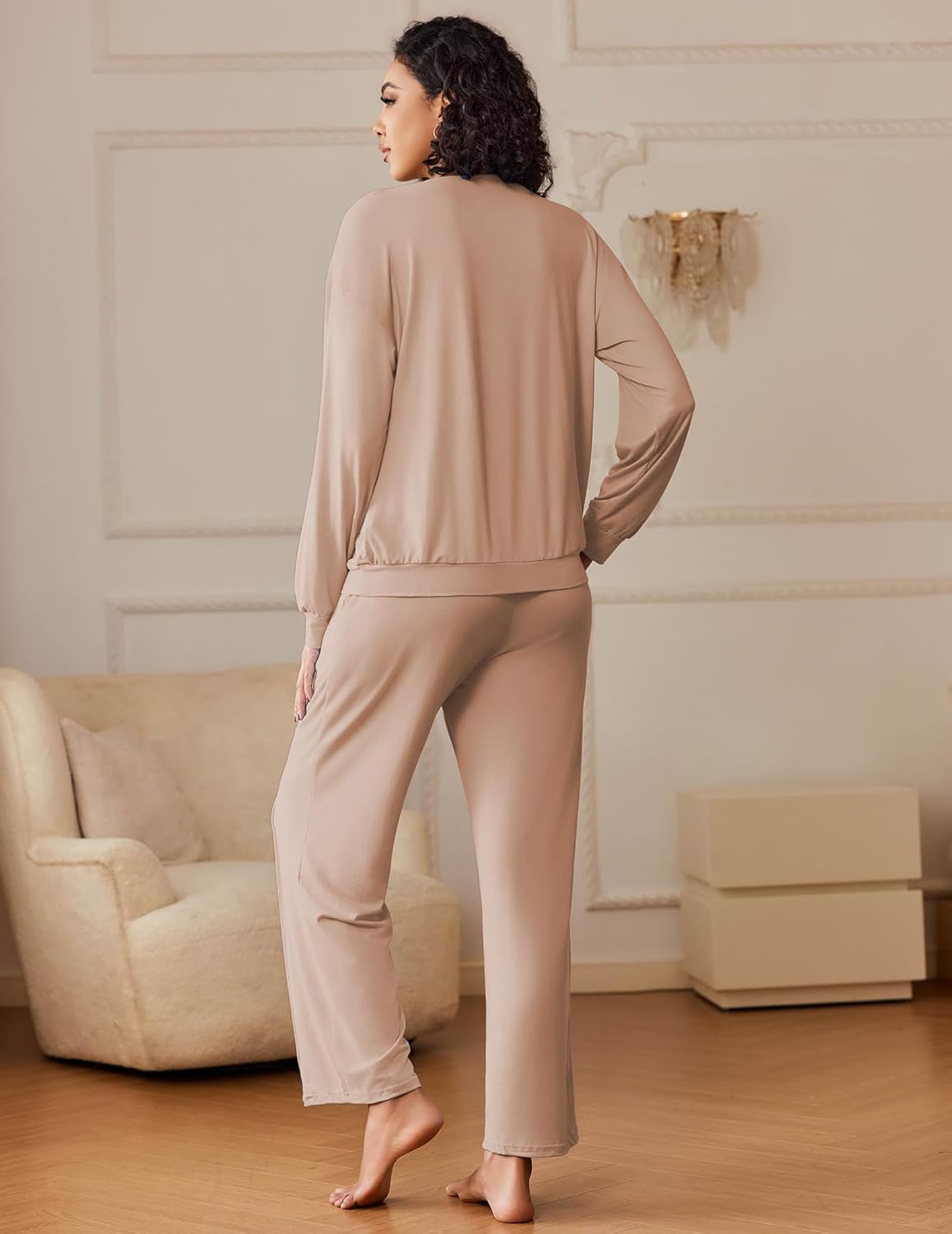 Beige 2-piece loungewear set from back view: long sleeves and straight pants