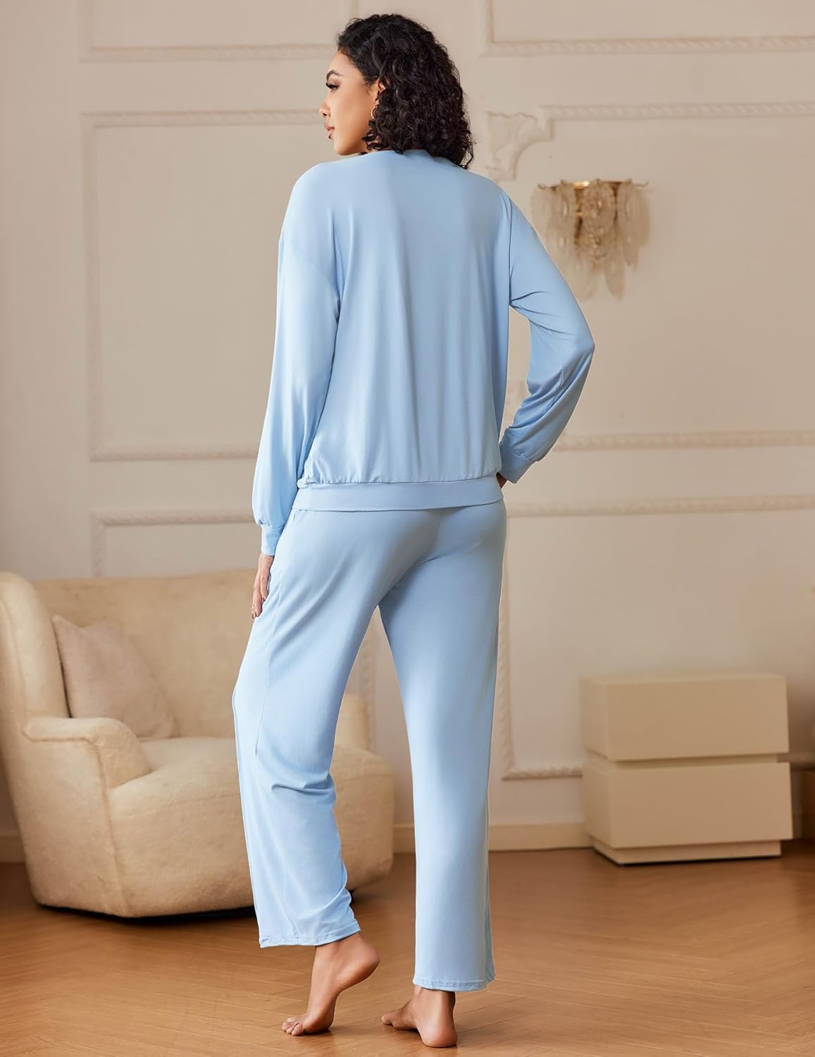 Light blue lounge set from back view: long-sleeve top and matching pants