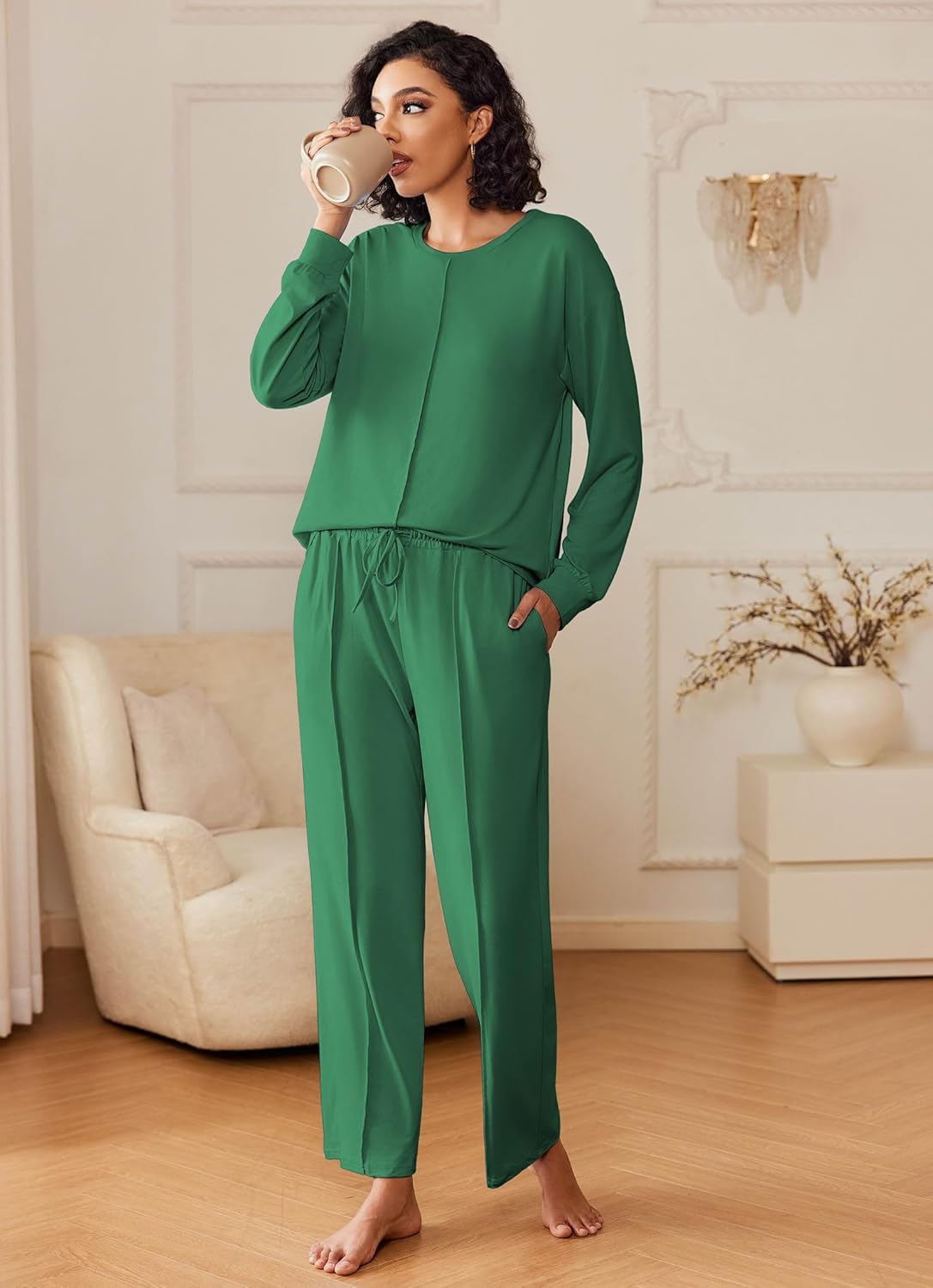 Dark green lounge set with gathered-waist pants and long-sleeve top