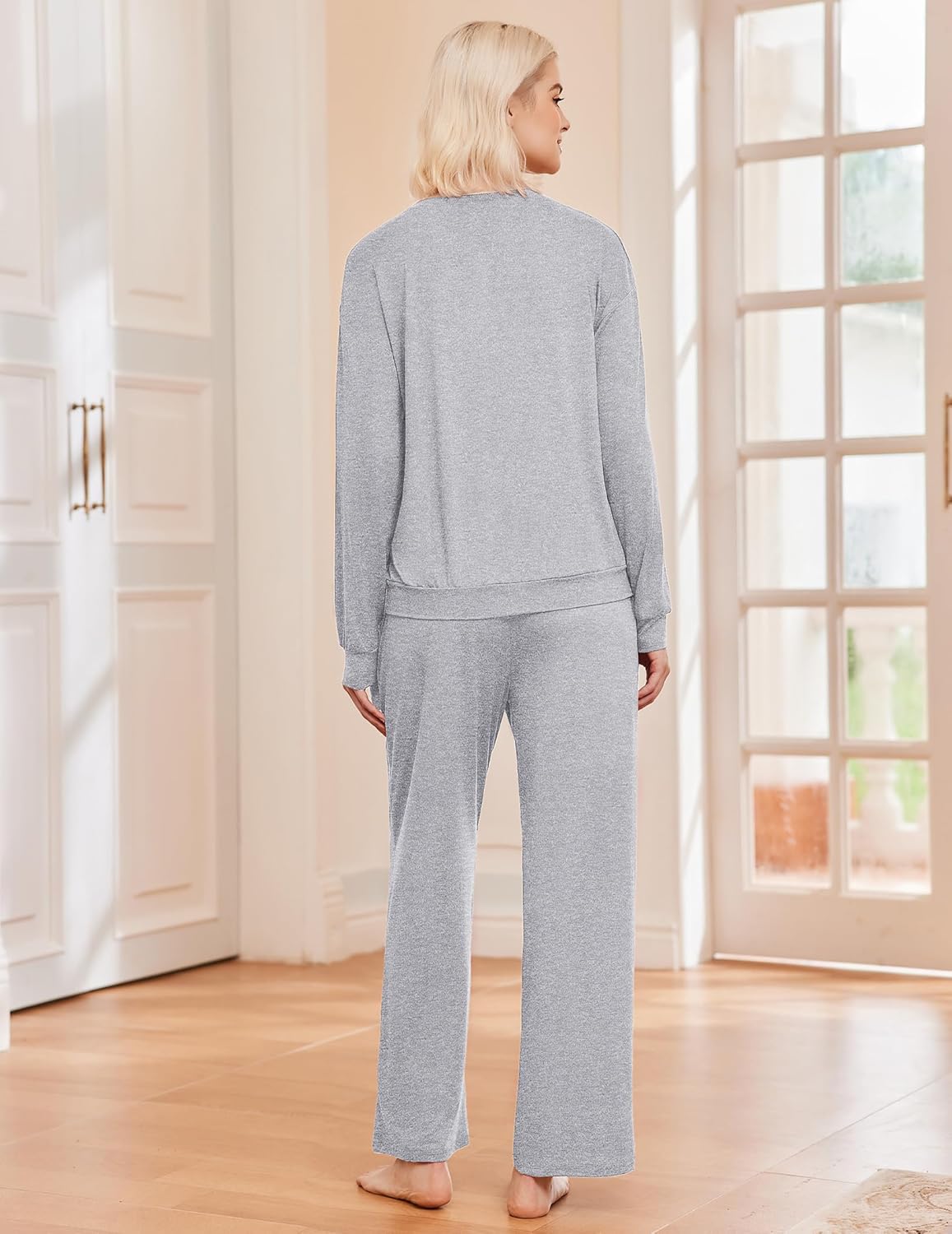 Grau meliertes 2-teiliger Pyjama: Langarmshirt und lange Hose (Rückansicht)