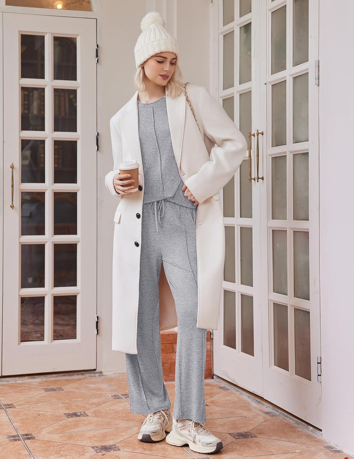Grau meliertes 2-teiliger Pyjama: Langarmoberteil und lange Hose