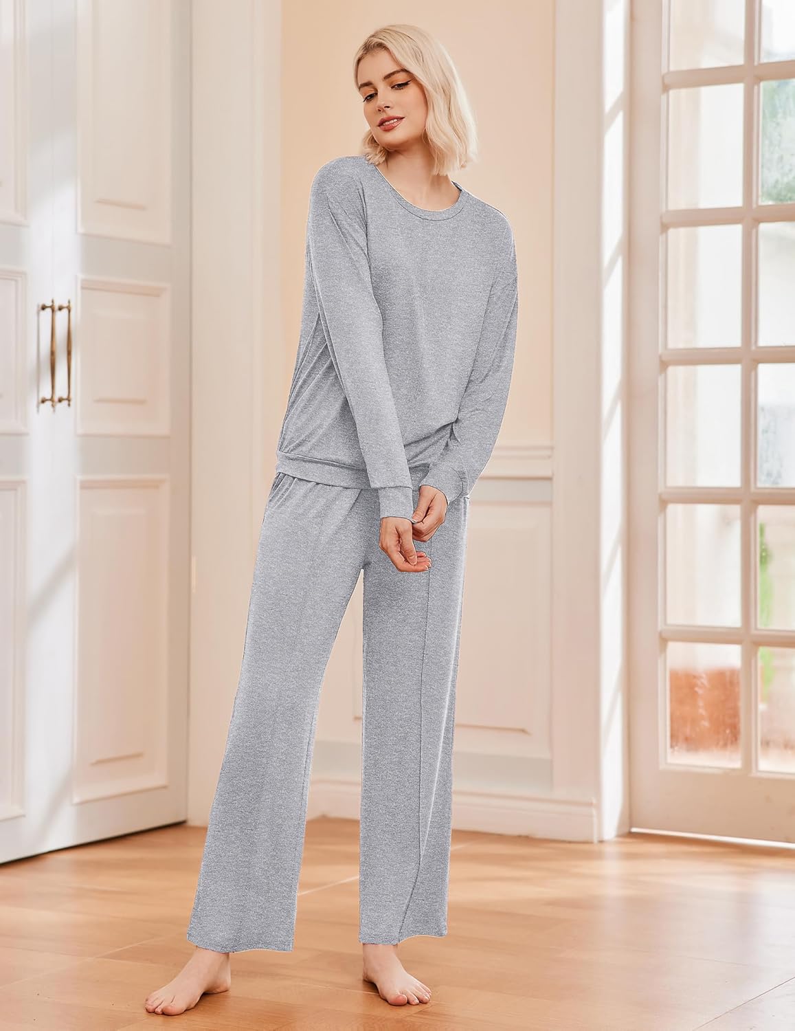 Grau meliertes 2-teiliger Lounge-Pyjama: Langarmoberteil und lange Hose