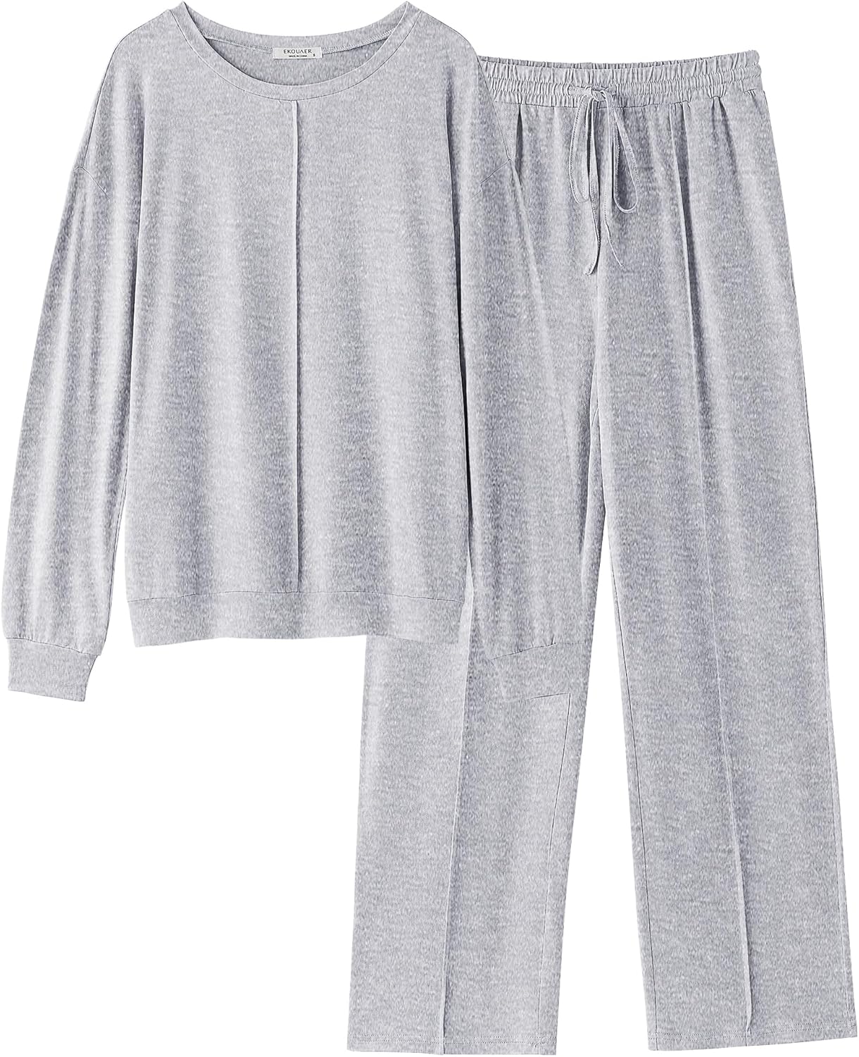 Grau meliertes 2-teiliger Pyjama-Set: Langarmshirt und weite lange Hose