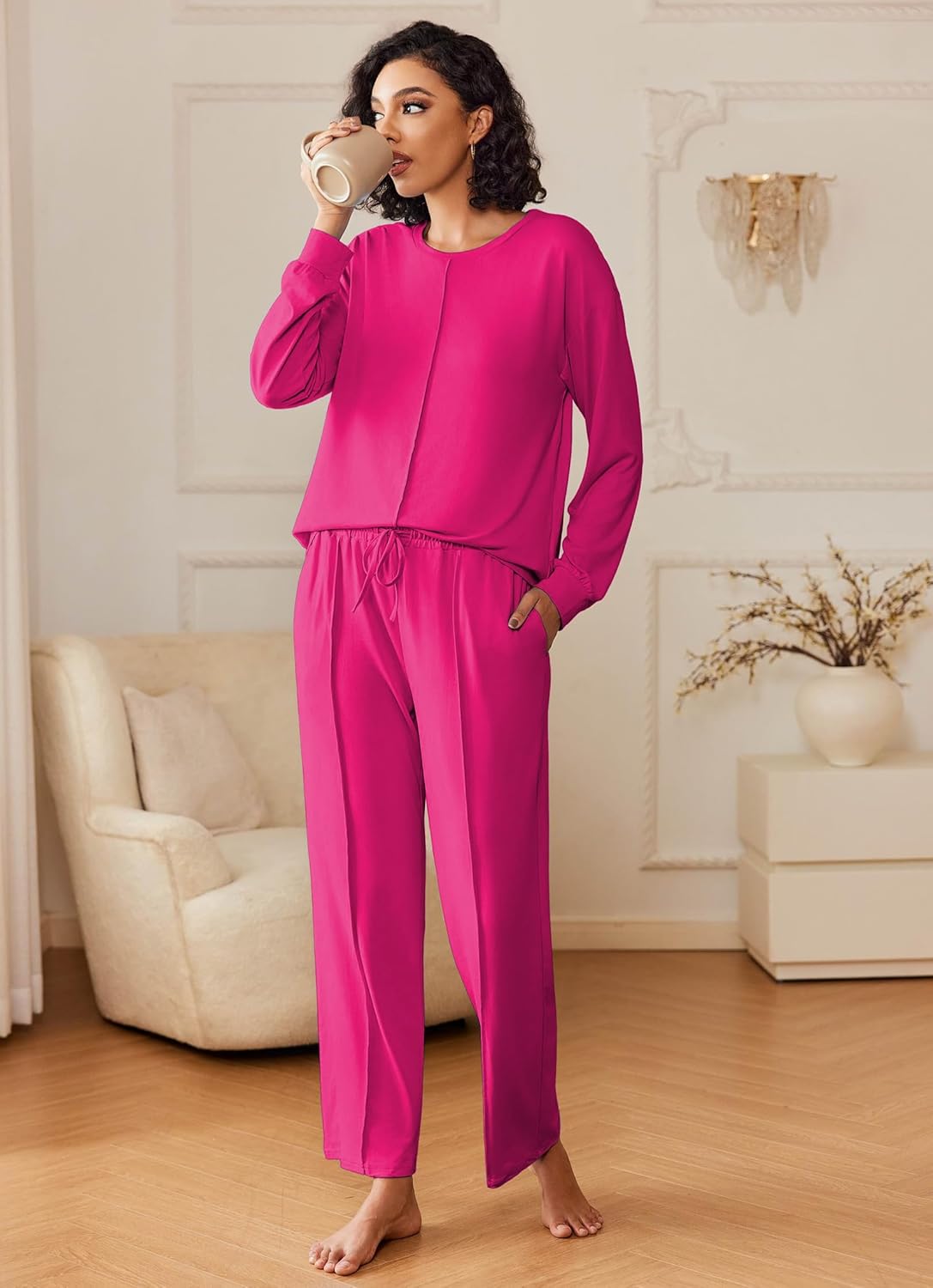 Fuchsia 2-piece lounge set with long sleeves and drawstring waist pants