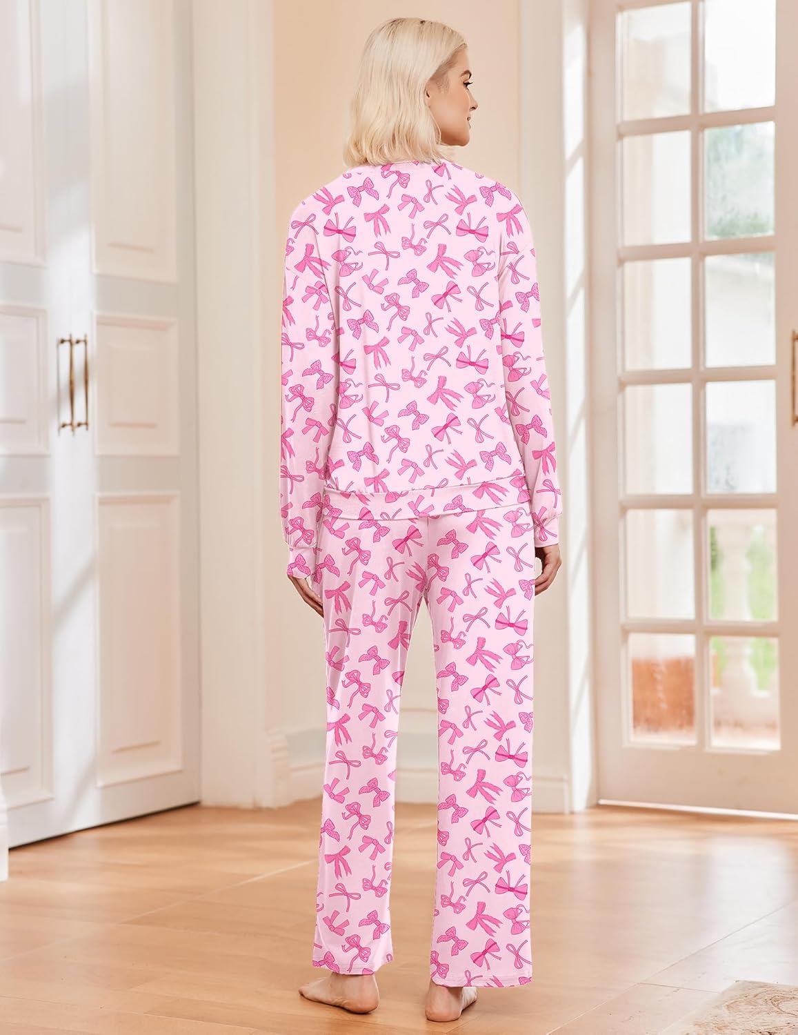 Pink Bow Knot lounge set, back view: long-sleeve top and matching drawstring pajama pants