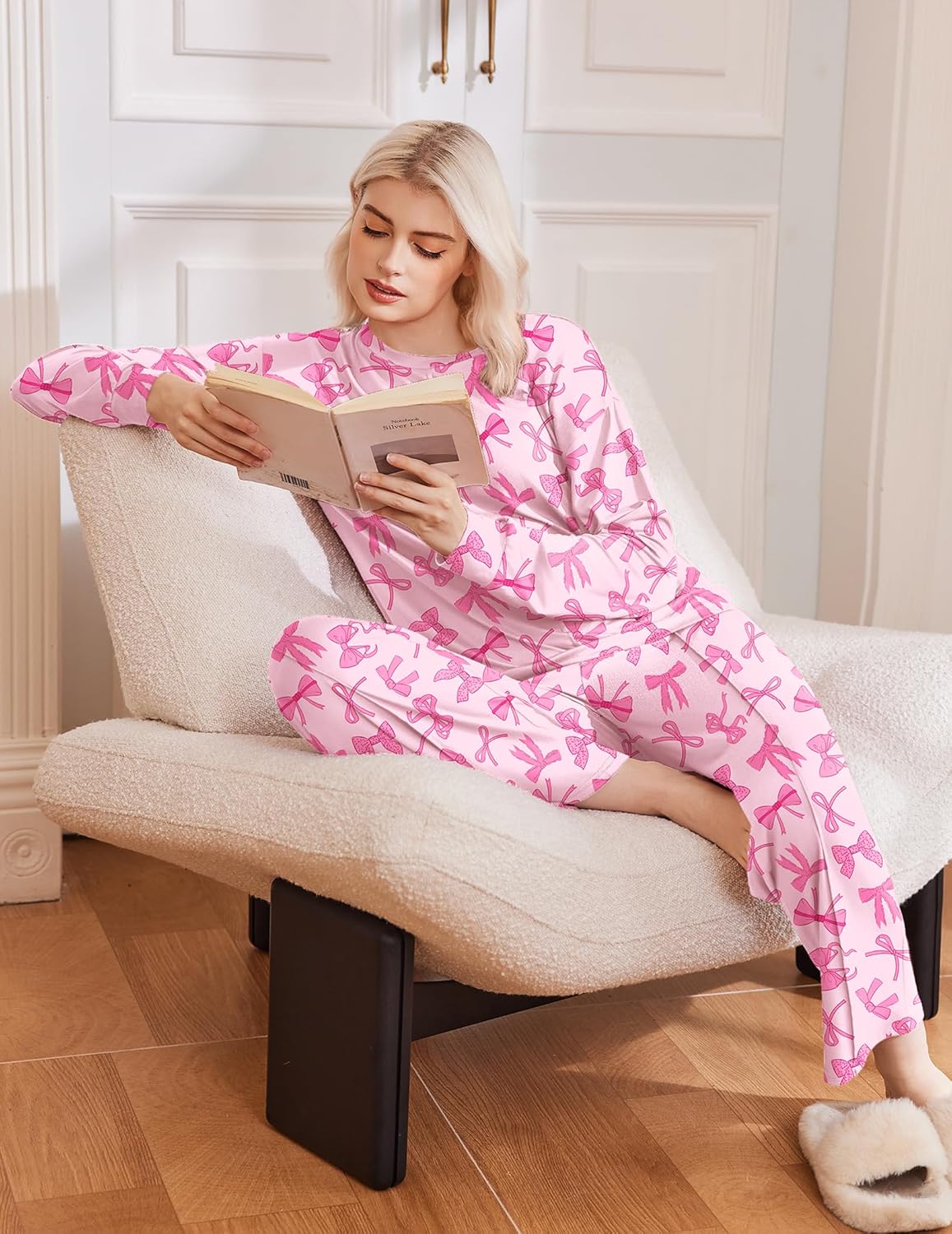 Pink Bow Knot lounge set: long-sleeve top and wide-leg pants with gathered waist drawstring