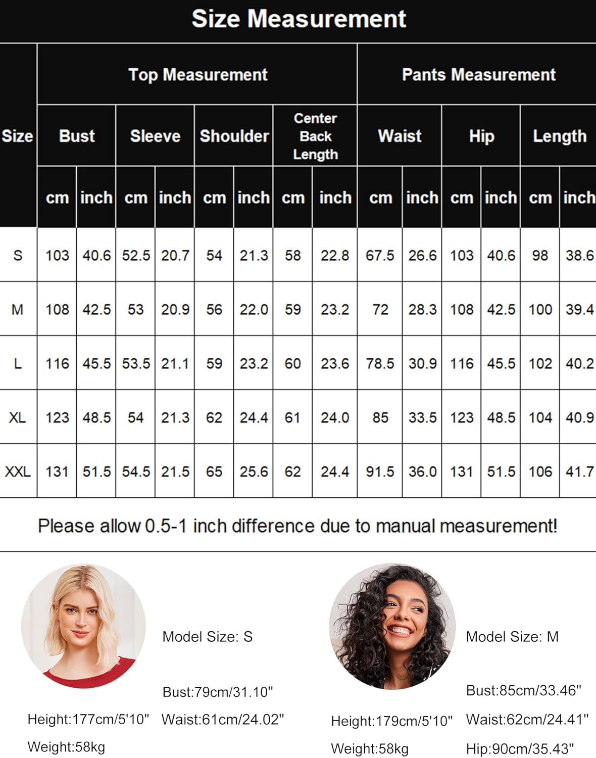 Size measurement chart for 2-piece lounge pajama set: top and pants dimensions