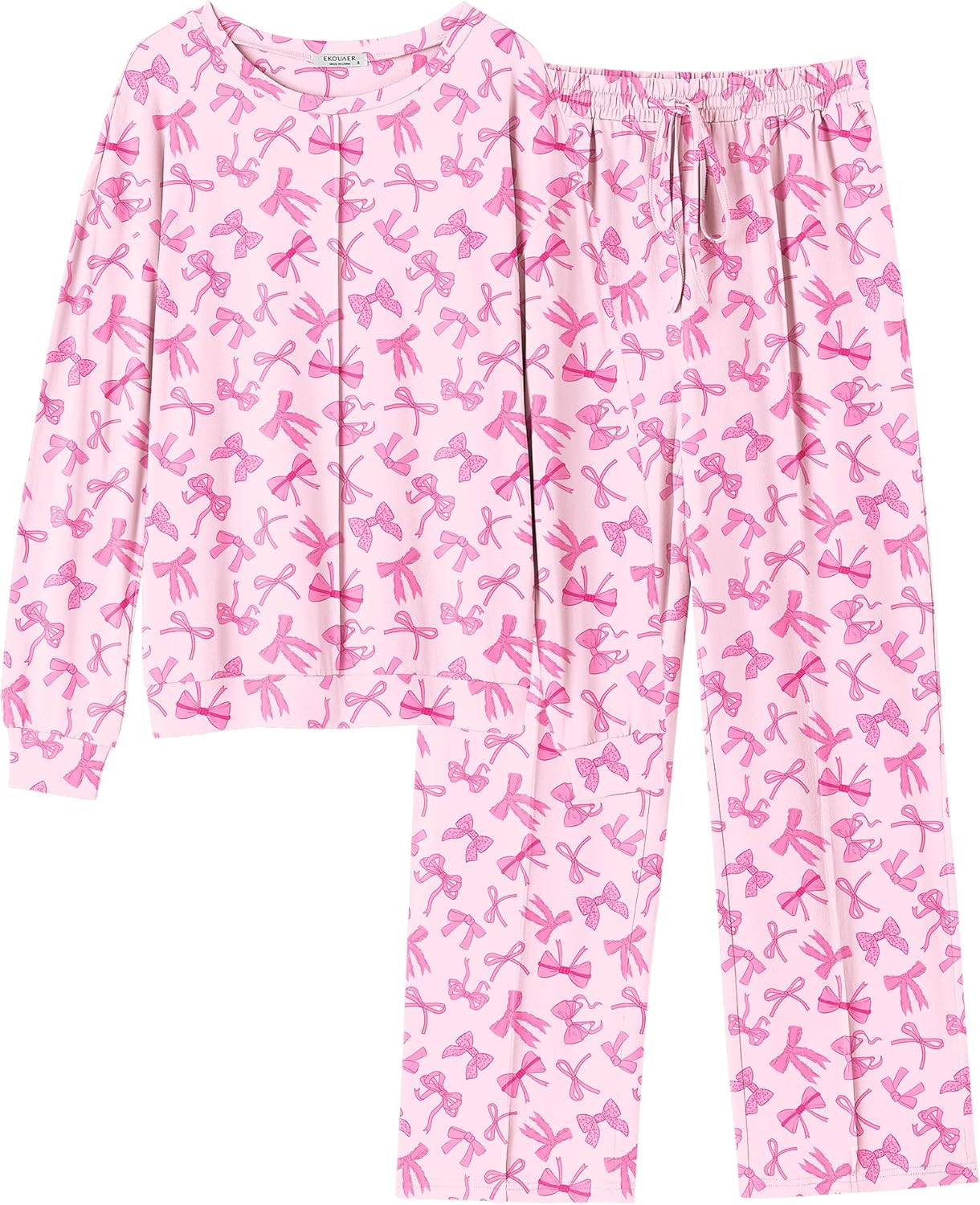 Pink Bow Knot pajama set: long-sleeve bow-print top and drawstring pants with pockets