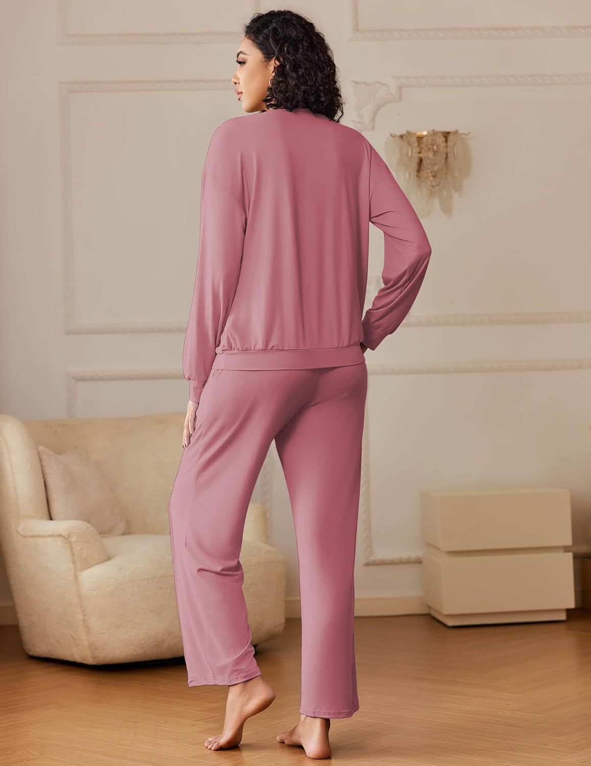 Pink lounge set, back view: long-sleeve top and relaxed wide-leg pants