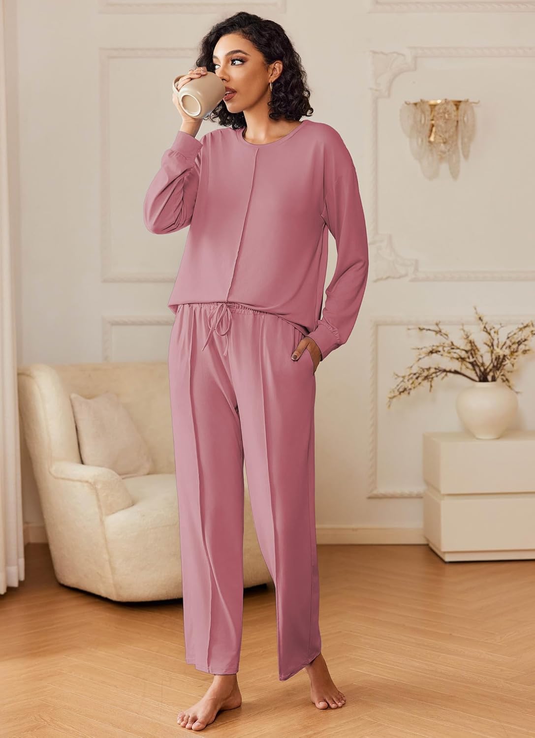 Pink lounge set with long-sleeve top and drawstring waist wide-leg pants
