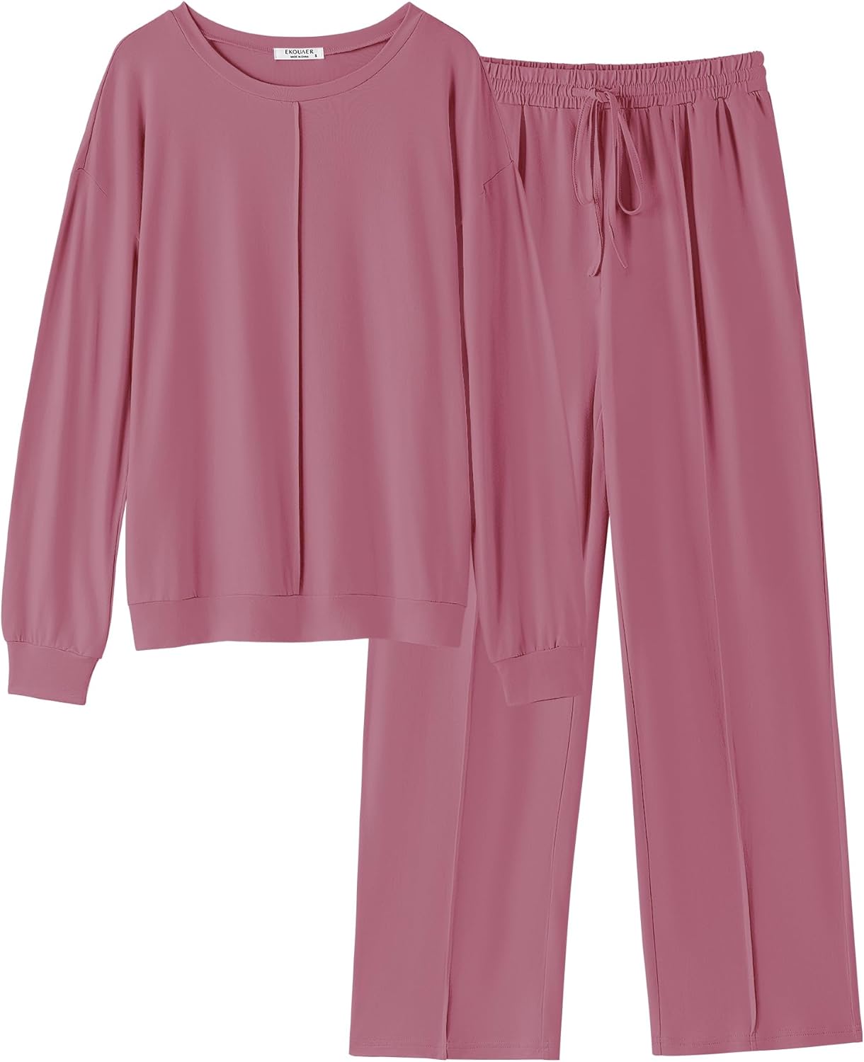 Pink 2-piece lounge set: pullover long-sleeve top with matching wide-leg pants