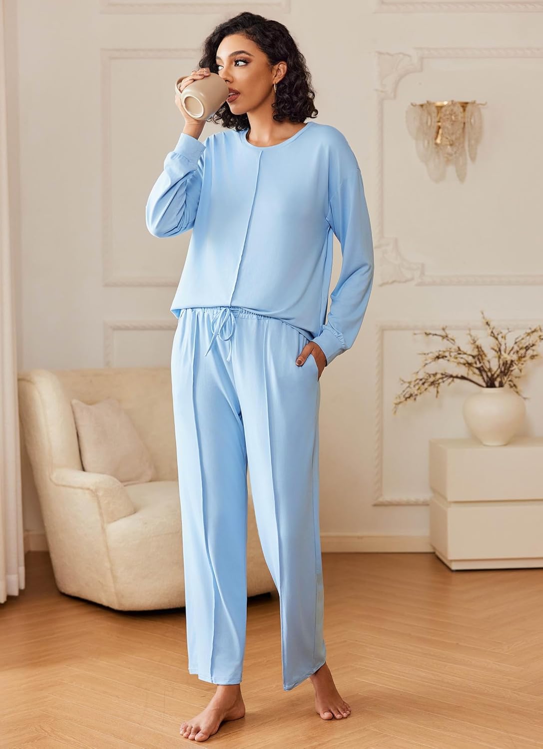 Light blue 2-piece lounge set with drawstring waist and cuffed long sleeves