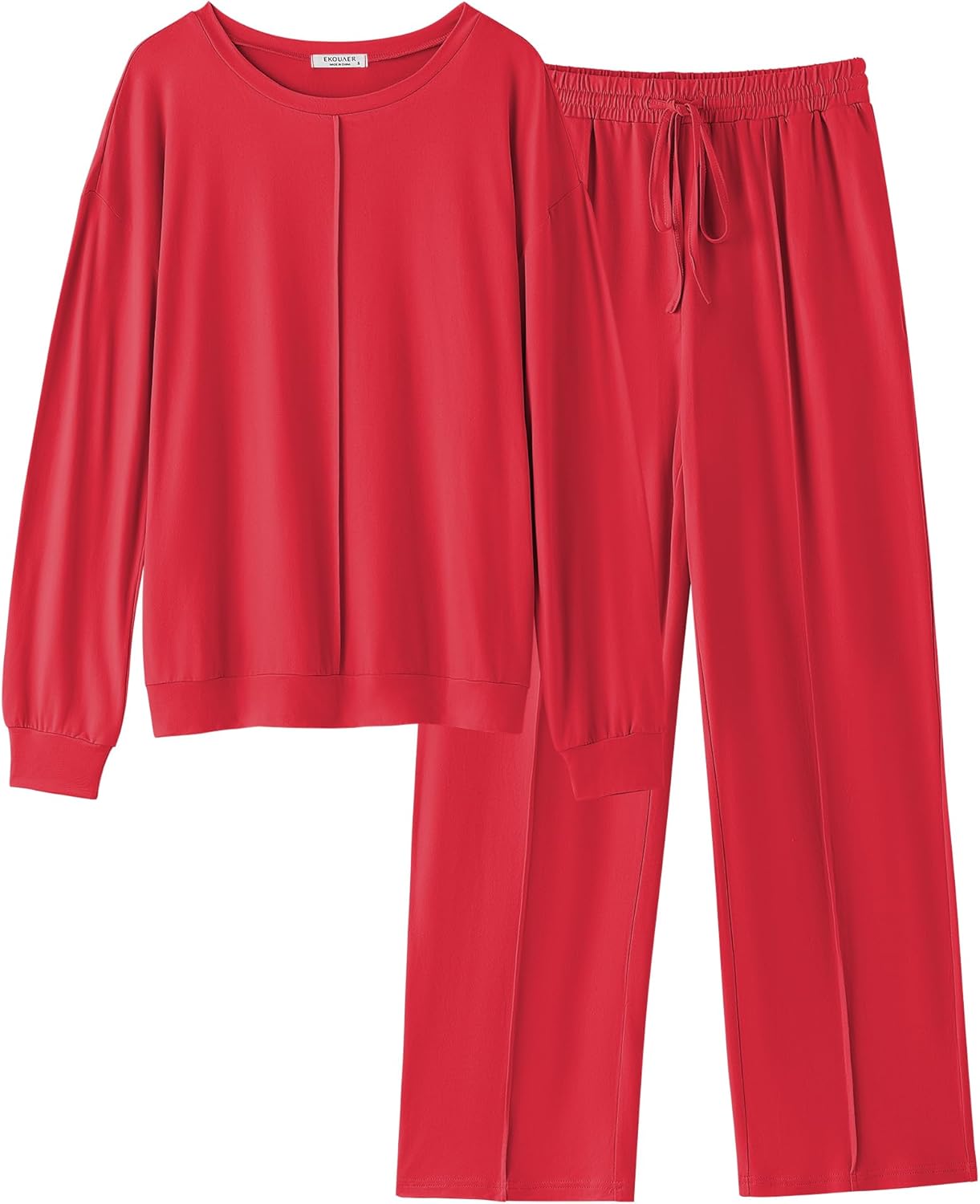 Cozy 2-piece lounge set in red: long-sleeve top and wide-leg pants
