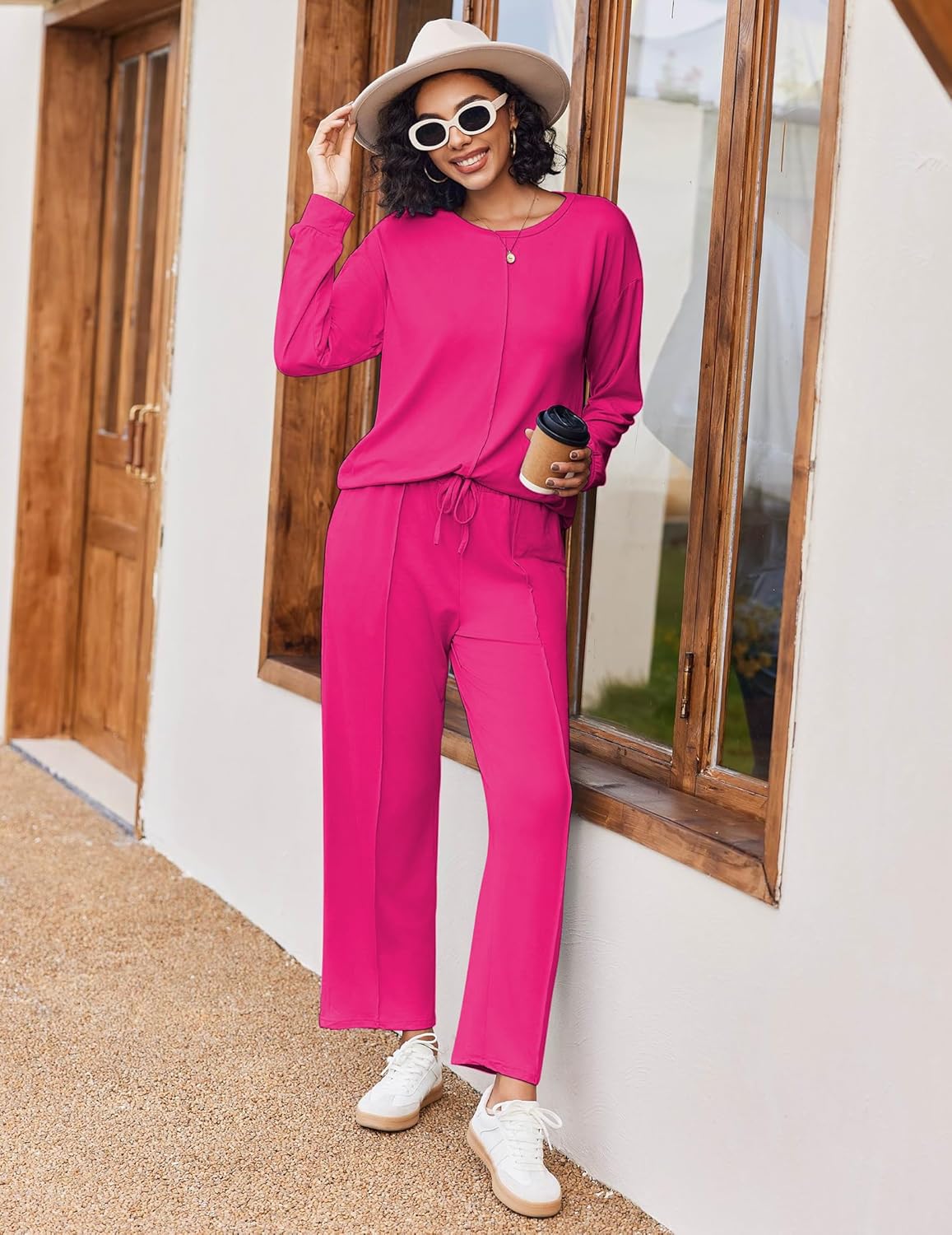 Conjunto pijama fucsia 2 piezas con sudadera de manga larga y pantalón largo