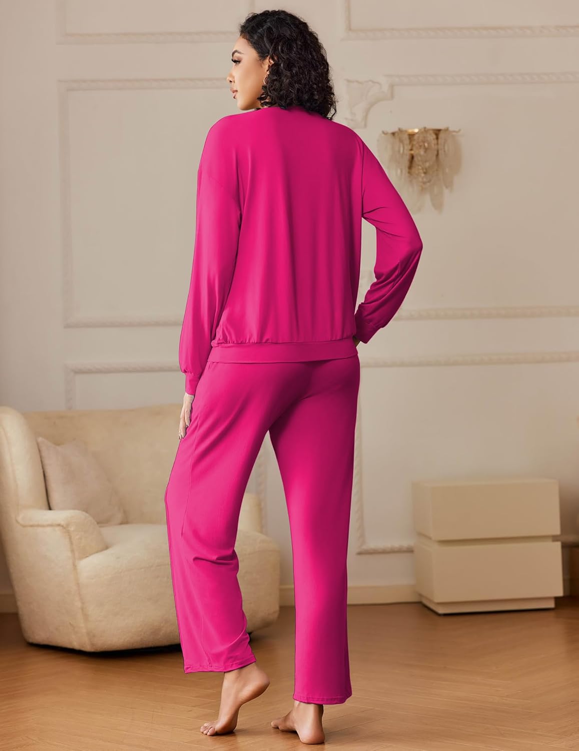 Conjunto pijama fucsia de 2 piezas, vista trasera: sudadera y pantalón largo