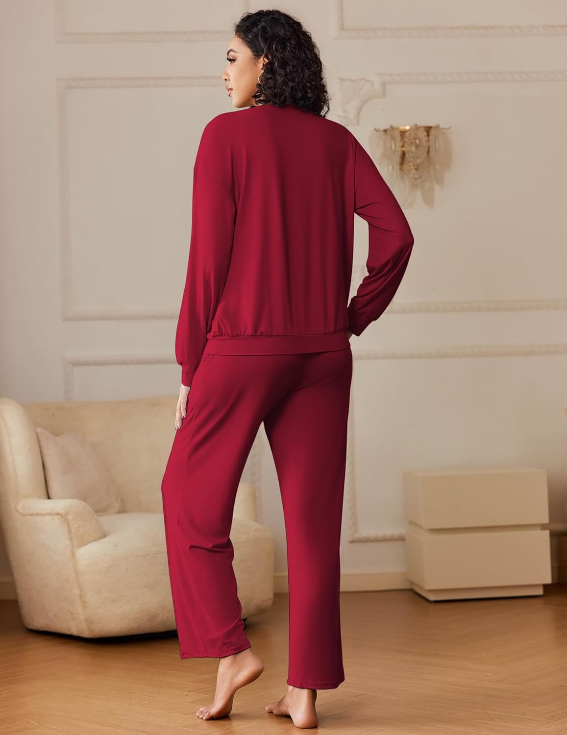 Back view of wine red long-sleeve lounge top and matching drawstring pajama pants