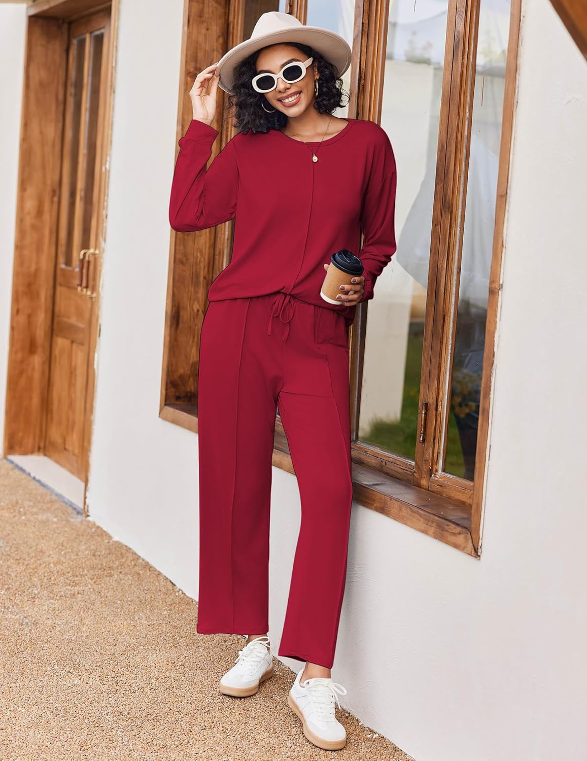 Wine red lounge set with long-sleeve top and wide-leg drawstring pants with pockets