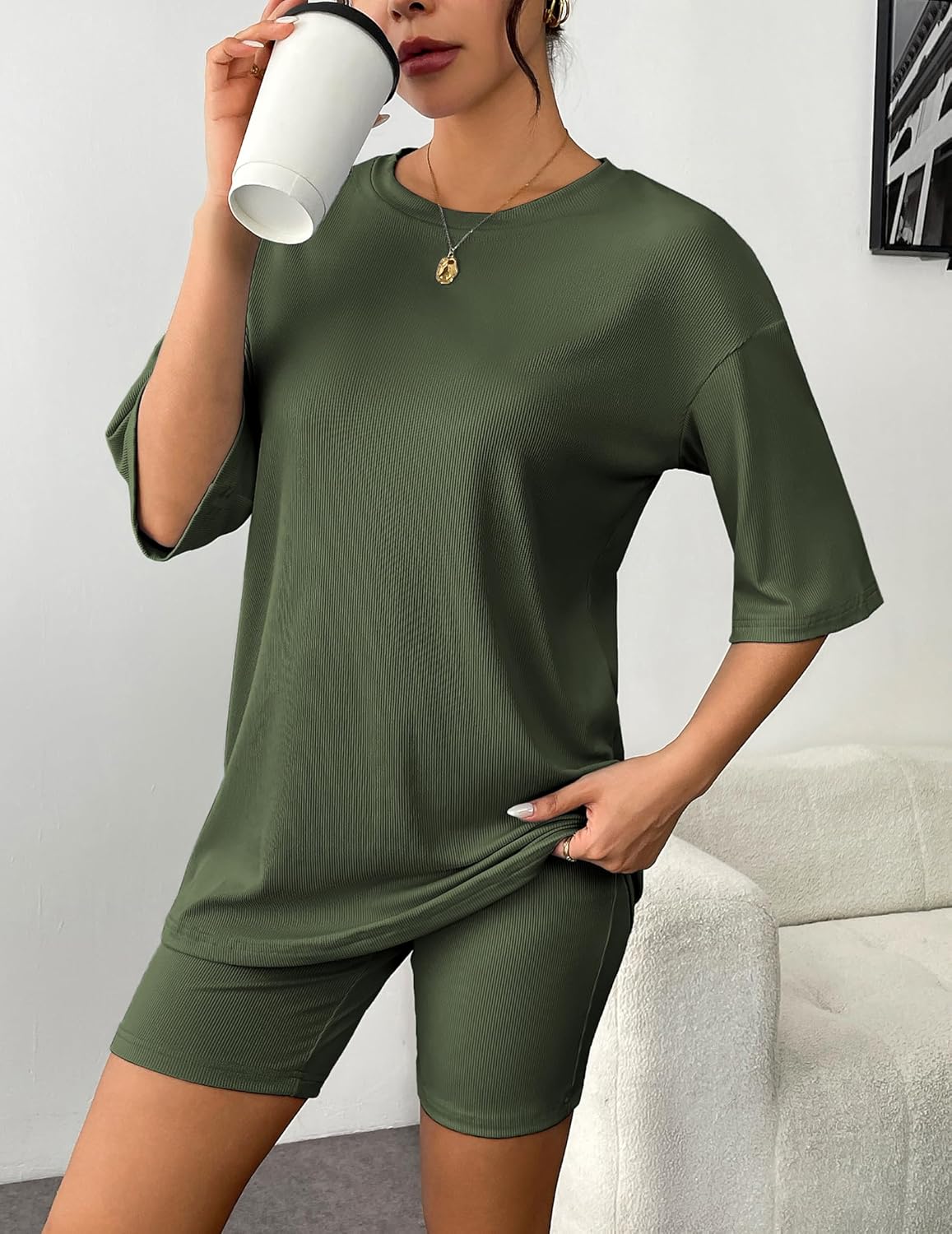Ribbed knit lounge set in dark green: short-sleeve T-shirt and biker shorts
