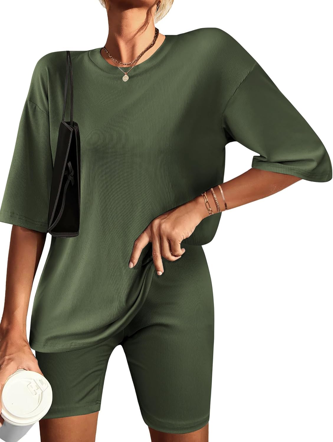 Ribbed knit lounge set in army green: short-sleeve T-shirt and biker shorts