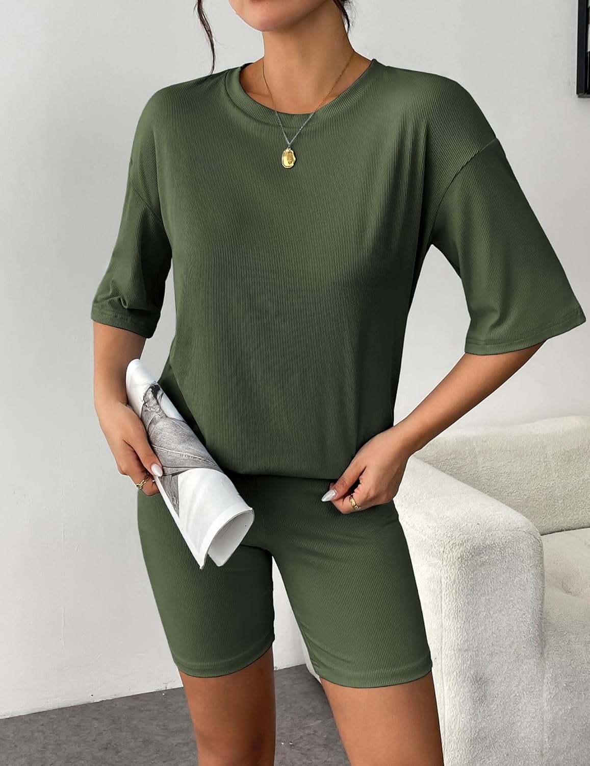 Ribbed knit lounge set in army green: short-sleeve T-shirt and biker shorts