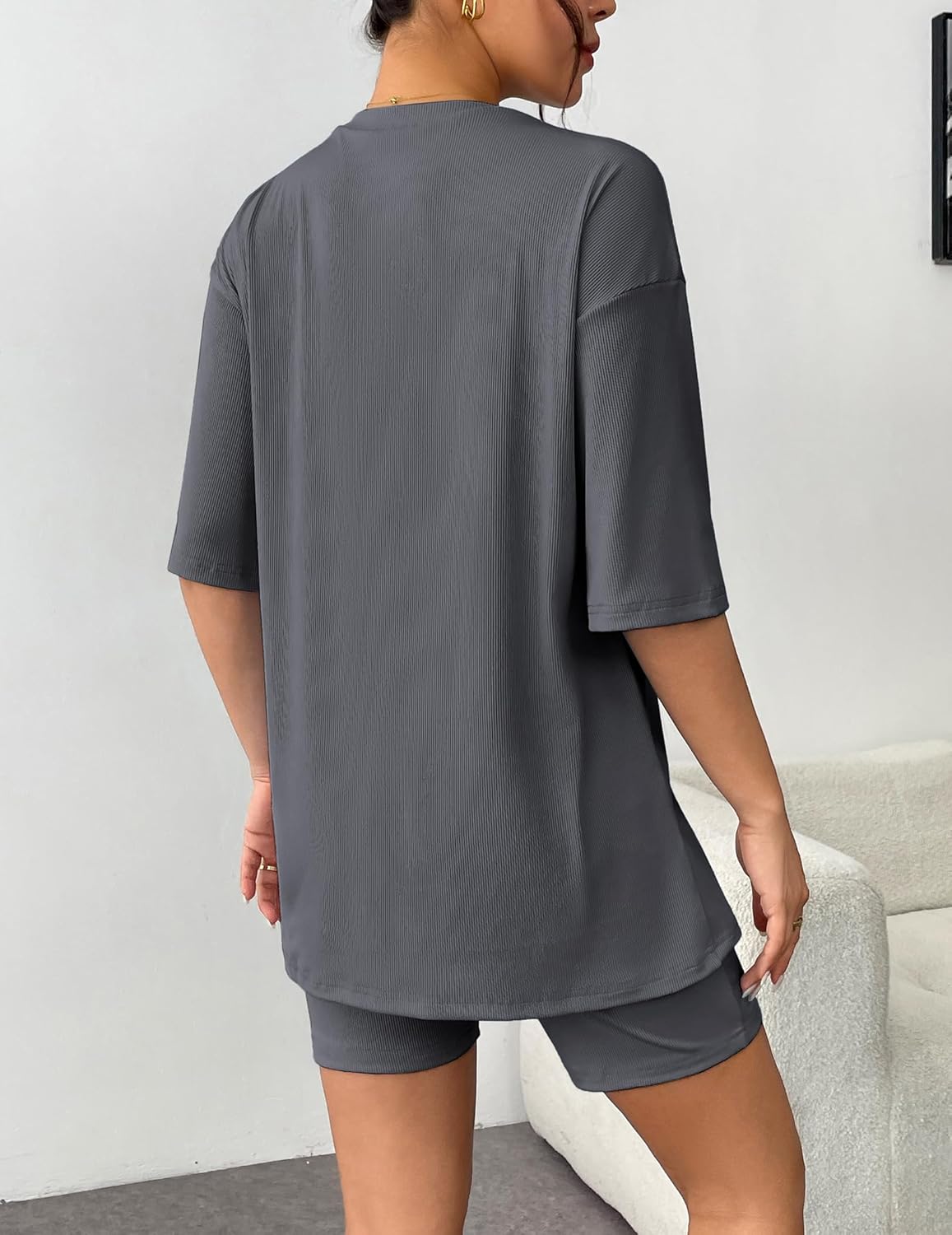 Dark gray ribbed knit lounge set shown from back: oversized T-shirt and shorts