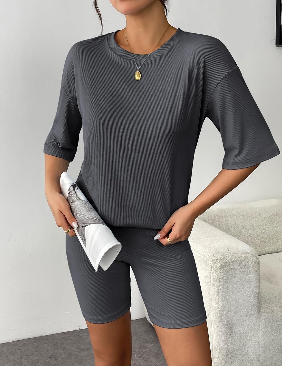 Ribbed knit lounge set in dark gray: short-sleeve T-shirt and biker shorts