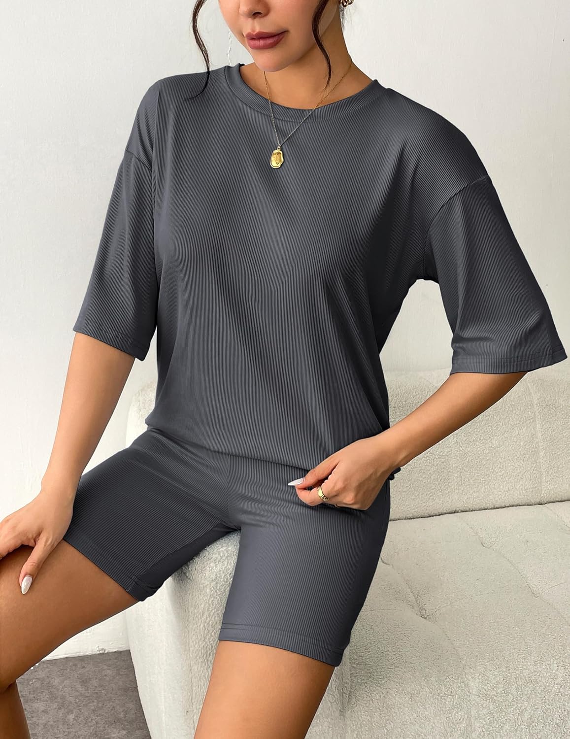Ribbed knit lounge set in dark gray: short-sleeve T-shirt and biker shorts