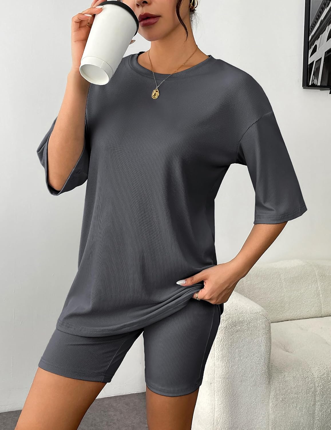 Dark gray ribbed knit lounge set: short-sleeve T-shirt and biker shorts