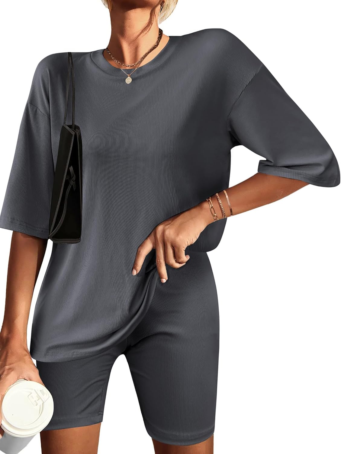 Dark gray ribbed knit lounge set: T-shirt and matching biker shorts