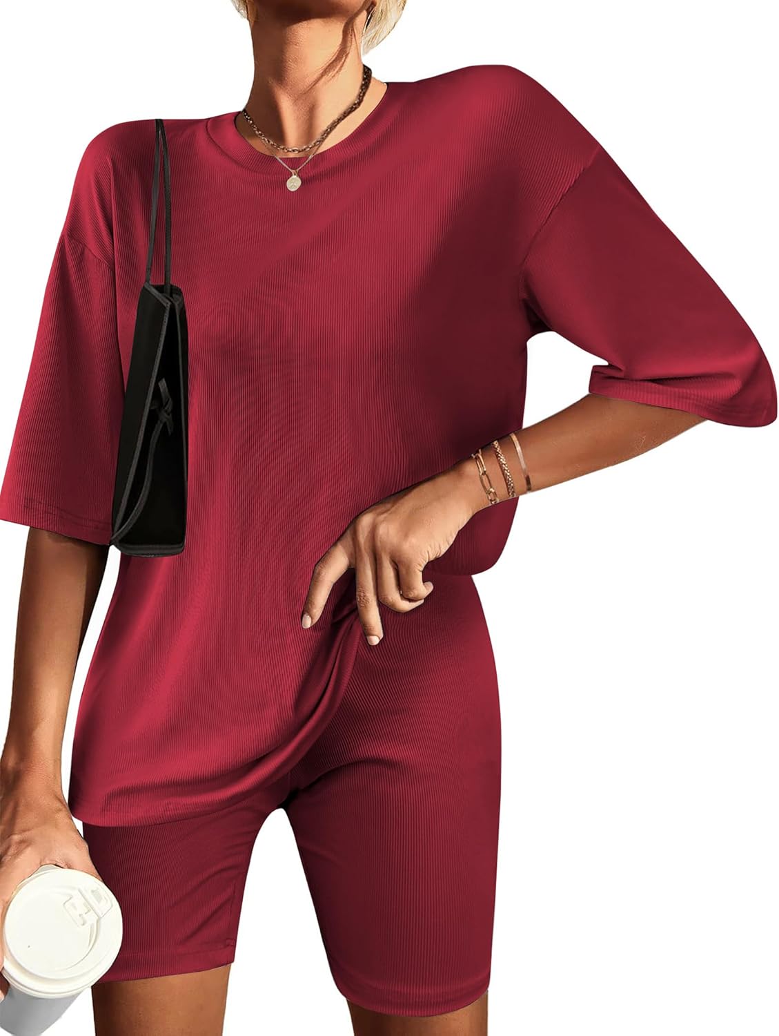 Wine red ribbed knit lounge set, side view, short-sleeve T-shirt and biker shorts