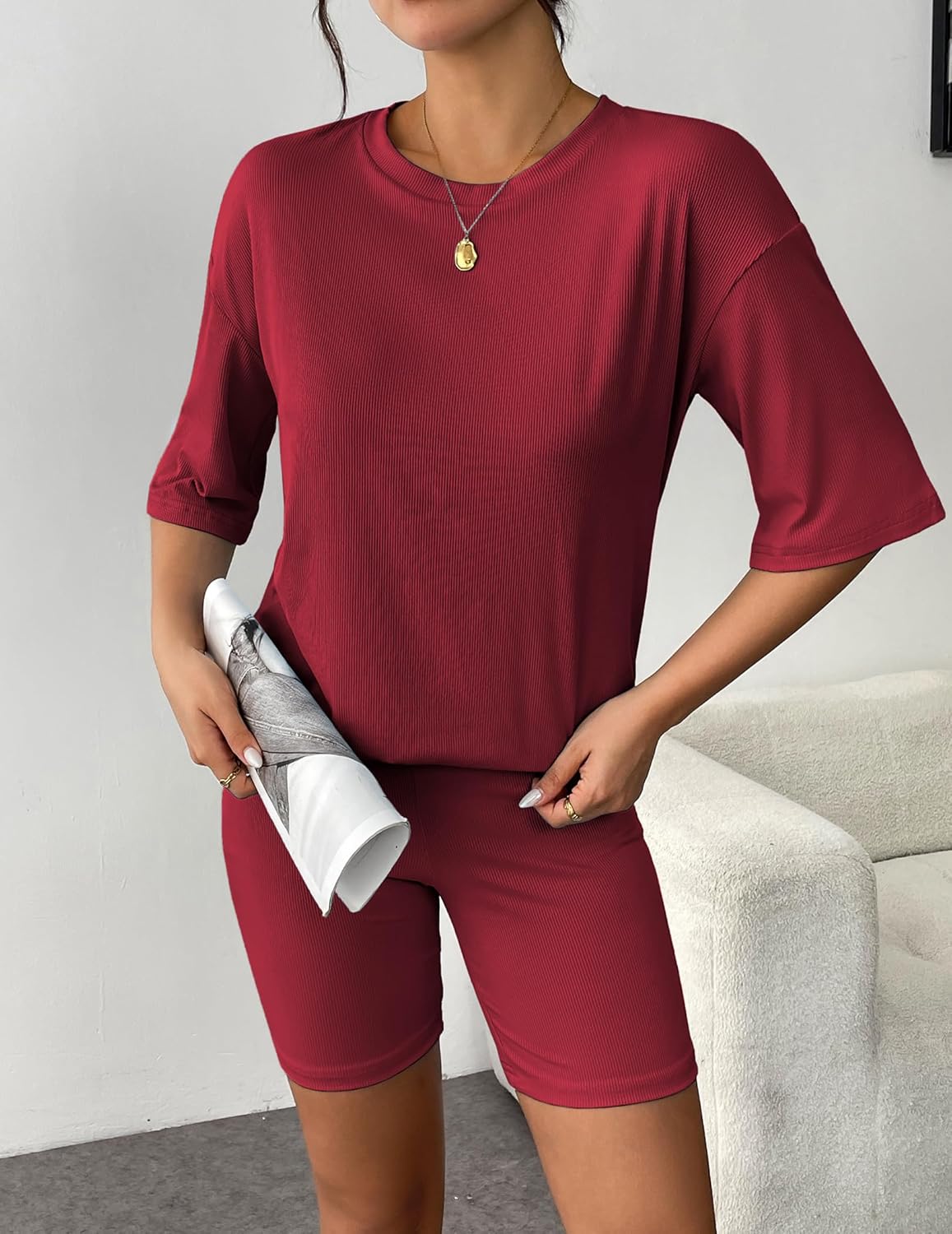 Wine red ribbed knit short-sleeve T-shirt and biker shorts lounge set