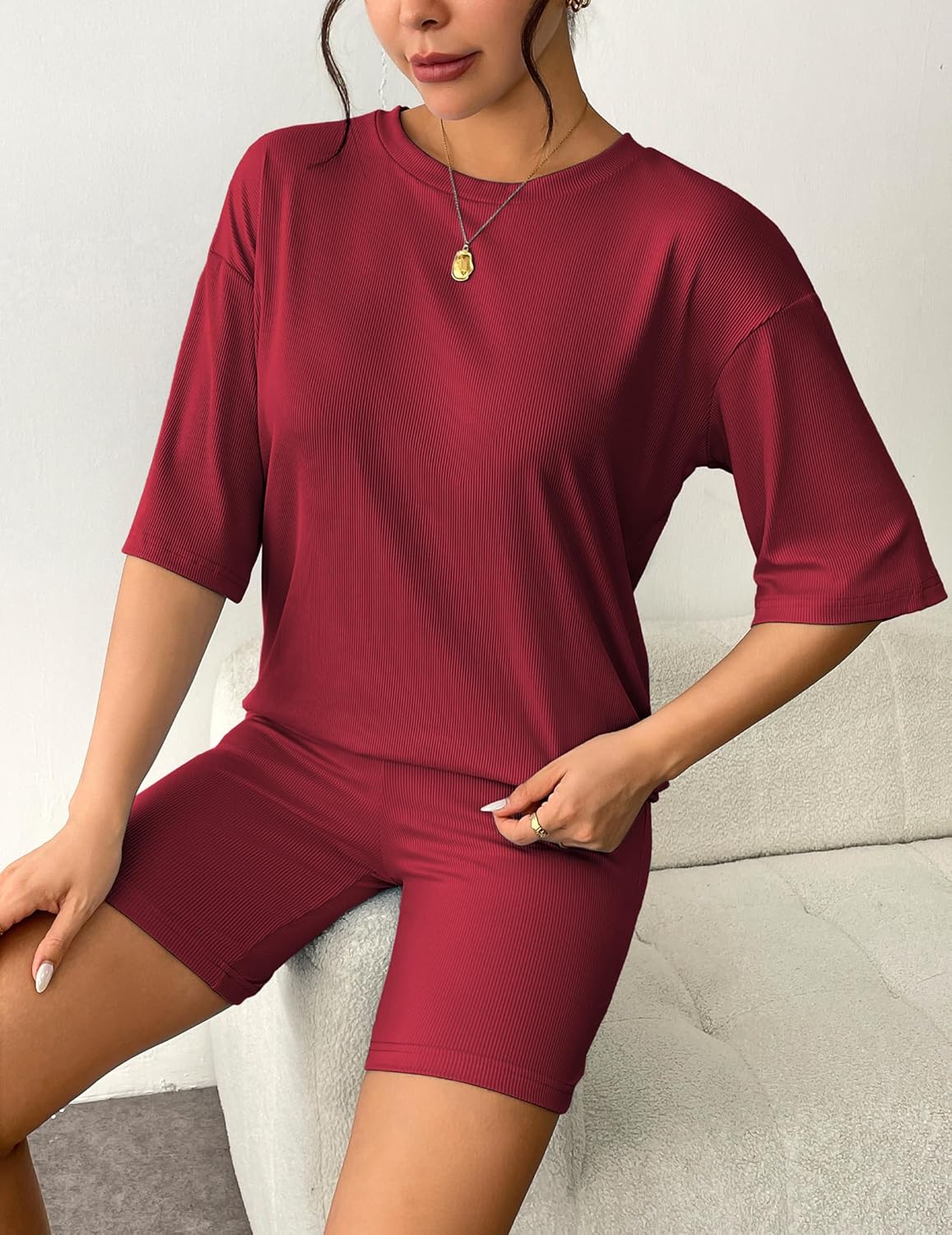 Wine red ribbed knit lounge set with loose short-sleeve T-shirt and biker shorts