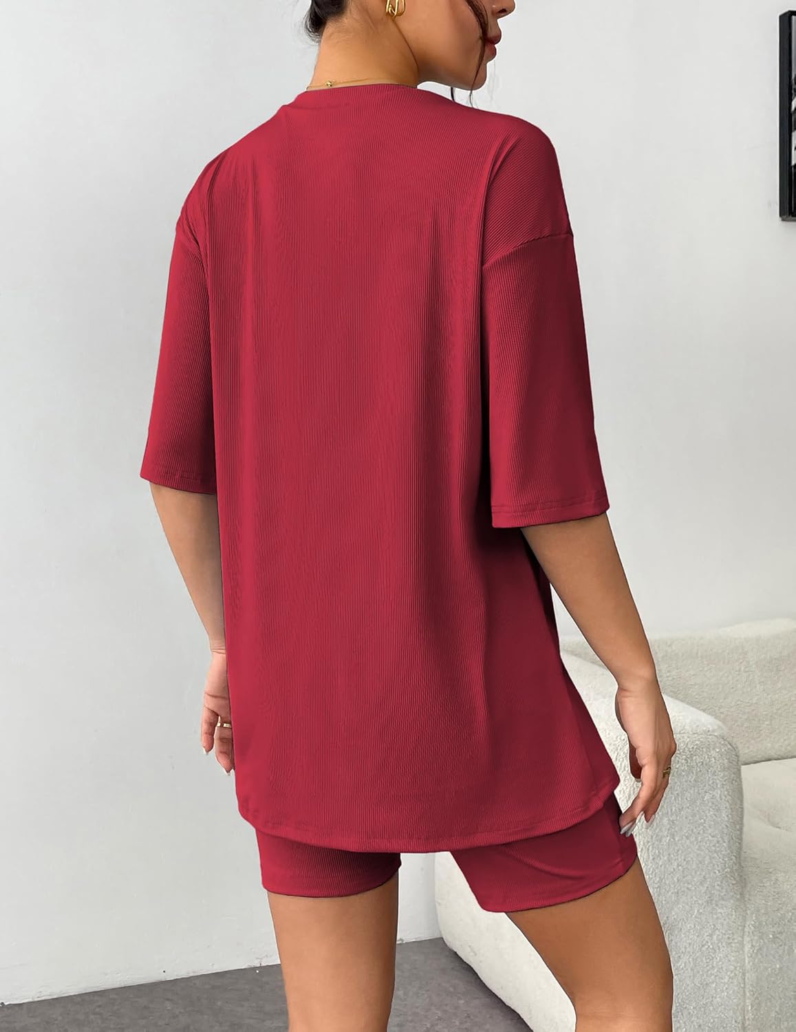 Wine red ribbed knit lounge set, back view of short-sleeve T-shirt and biker shorts