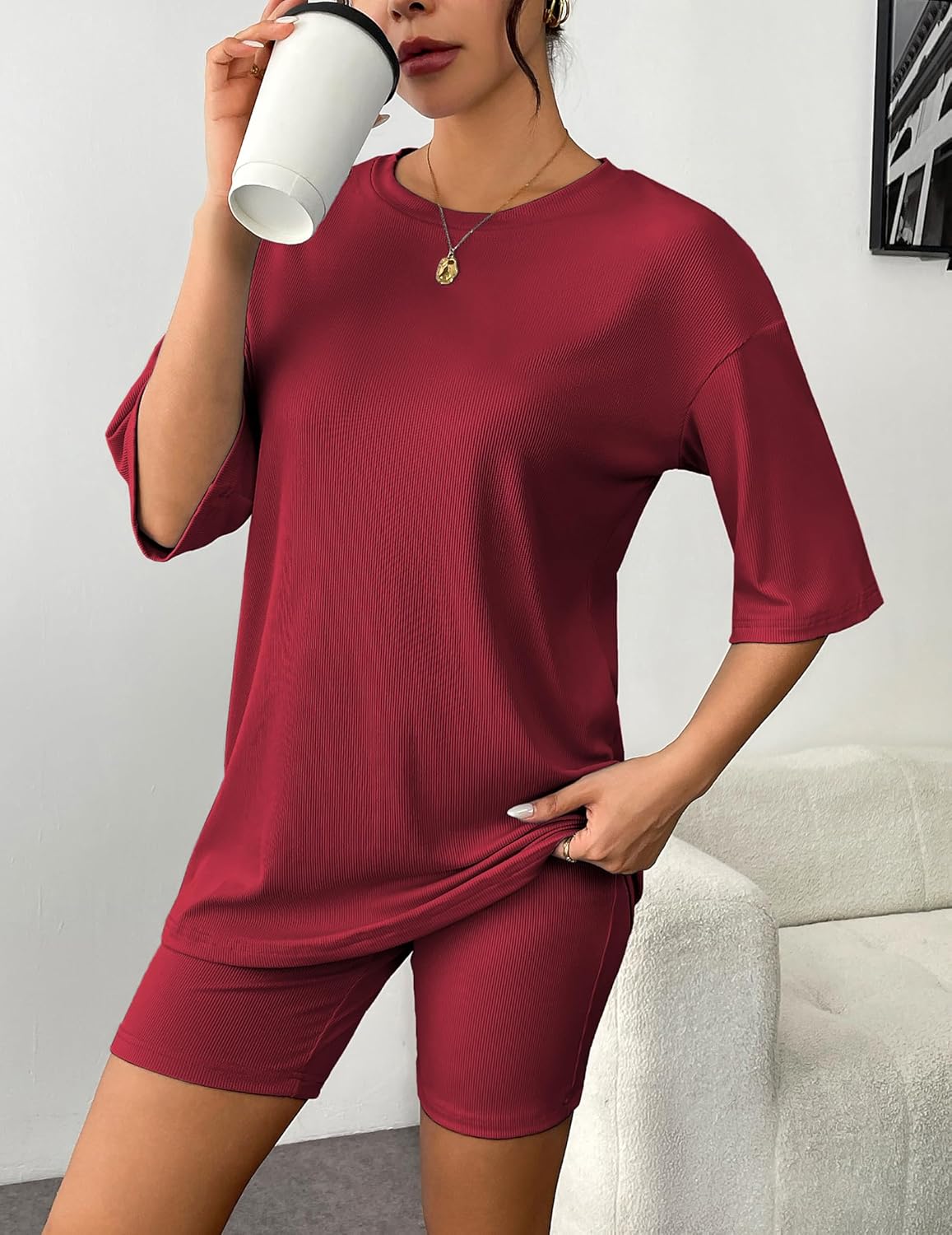 Wine red ribbed knit lounge set, front view, short-sleeve T-shirt and biker shorts