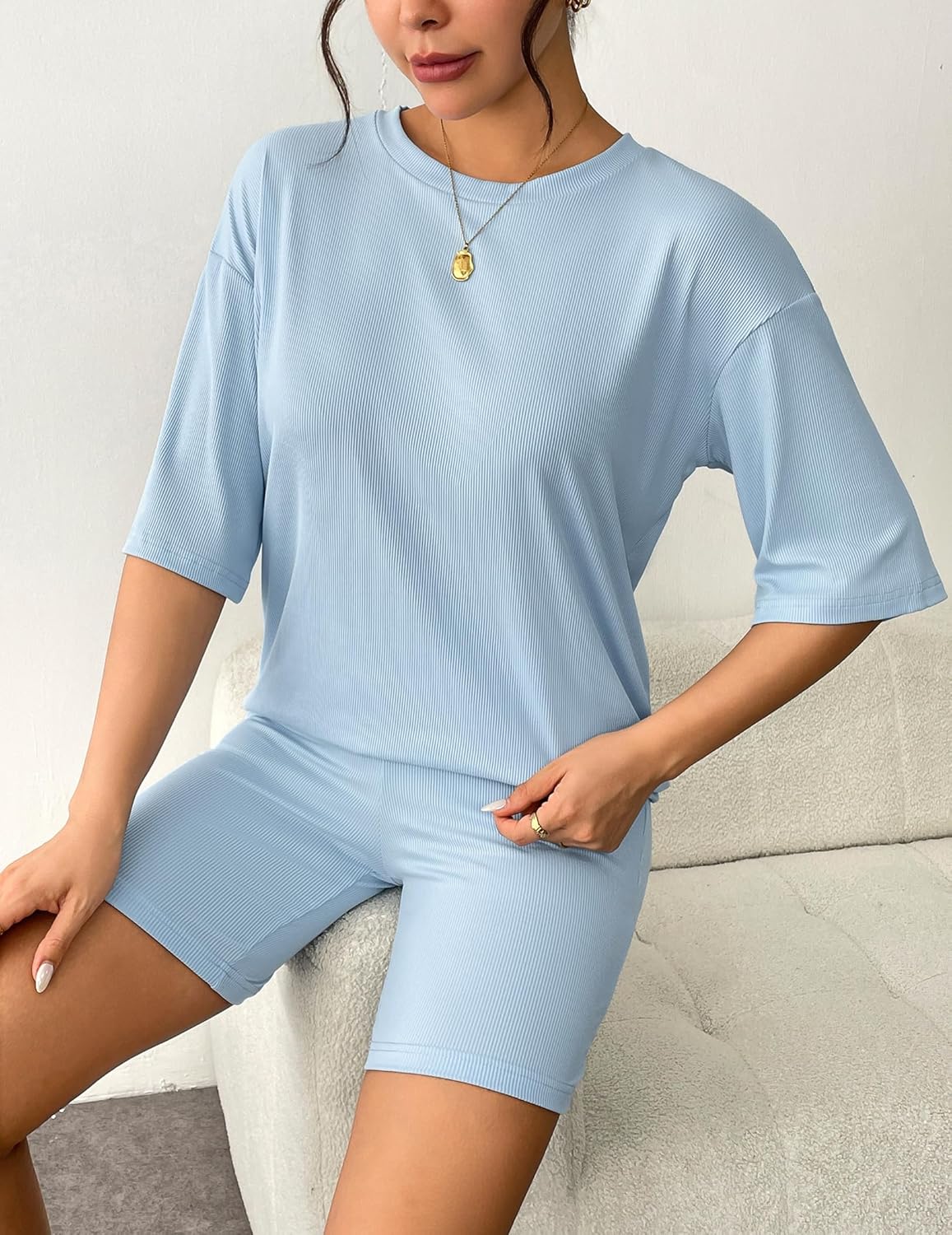 Light blue ribbed knit T-shirt and biker shorts lounge set, short sleeves, crew neck