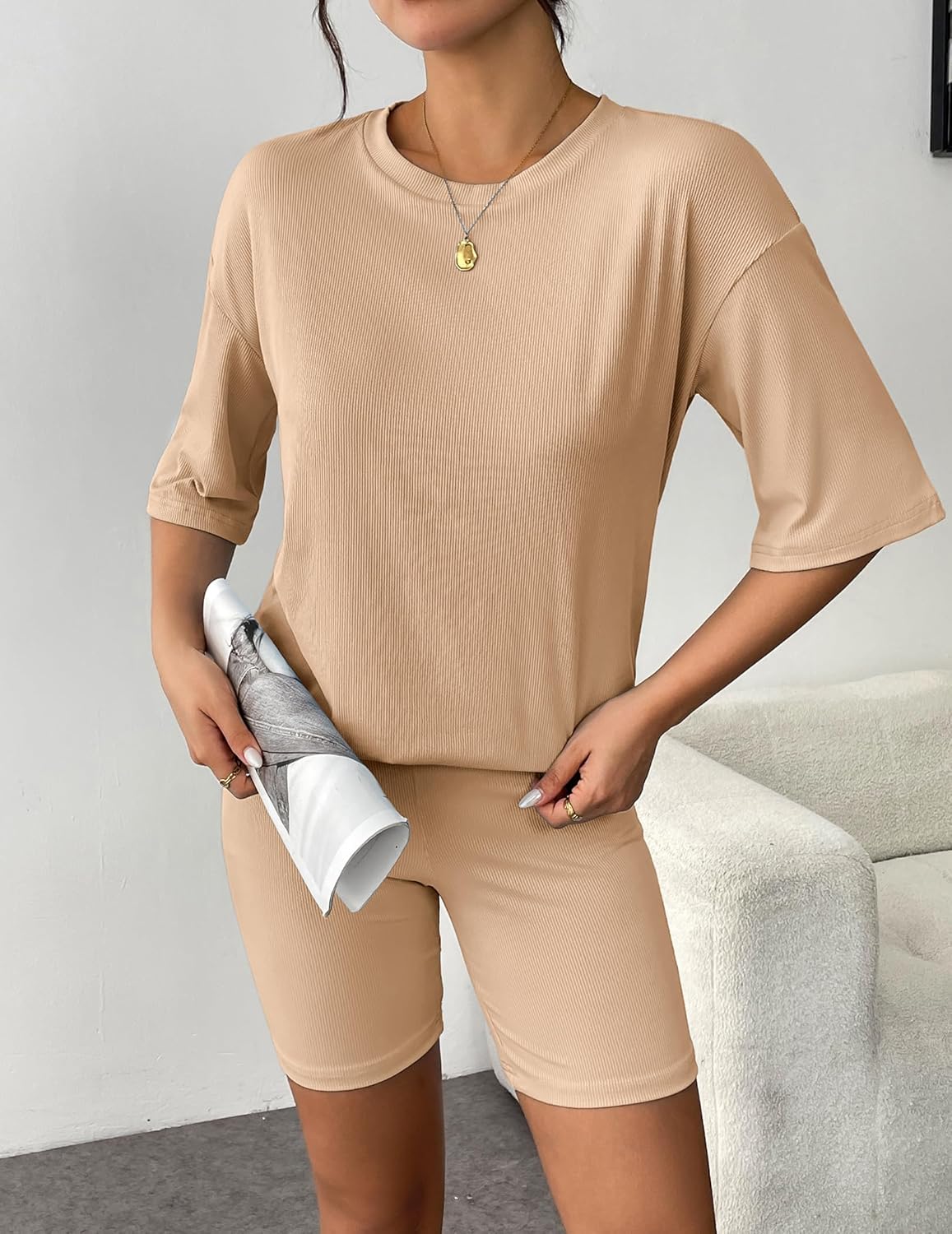 Beige ribbed knit lounge set: short-sleeve T-shirt and matching biker shorts