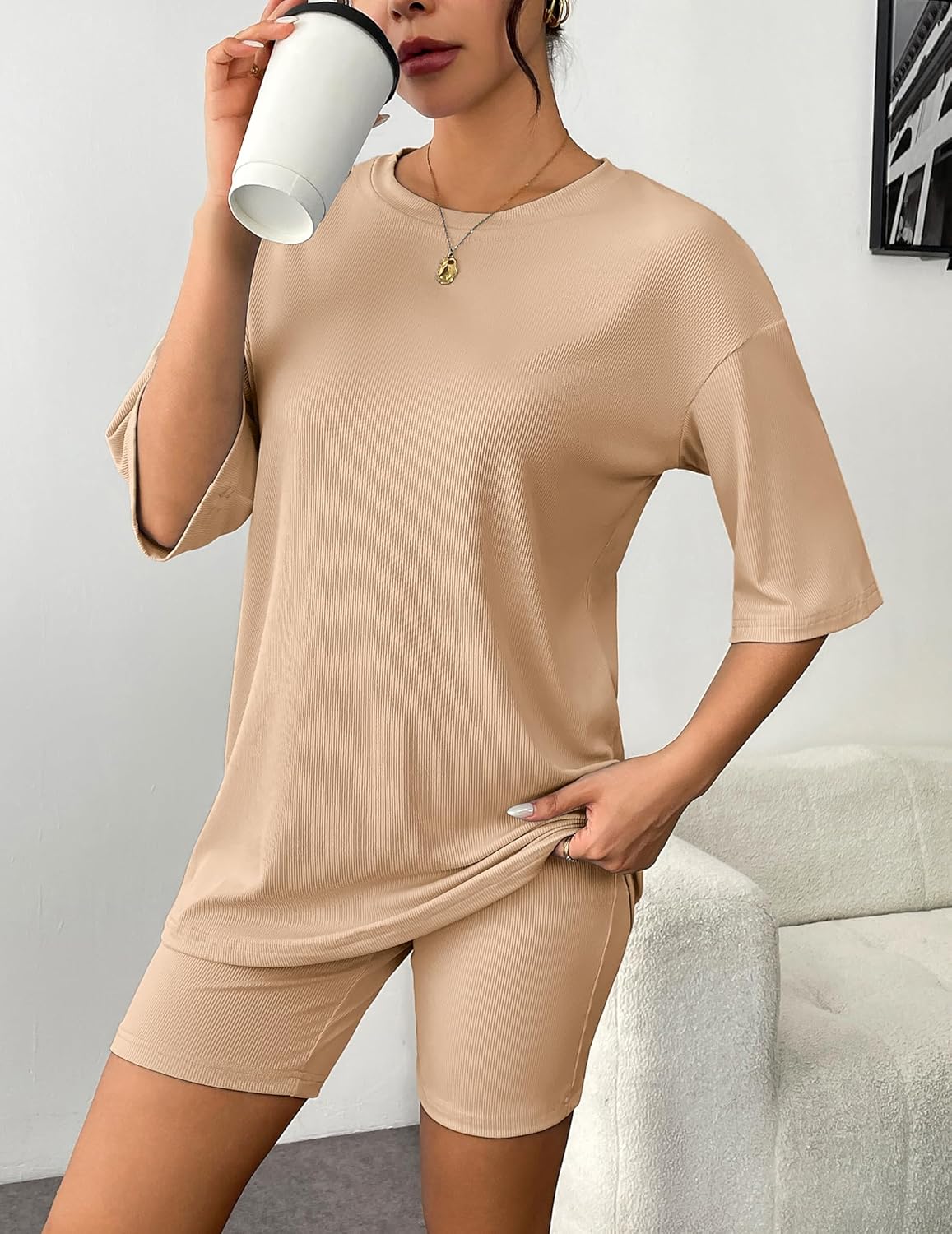 Beige ribbed knit lounge set: T-shirt and matching biker shorts
