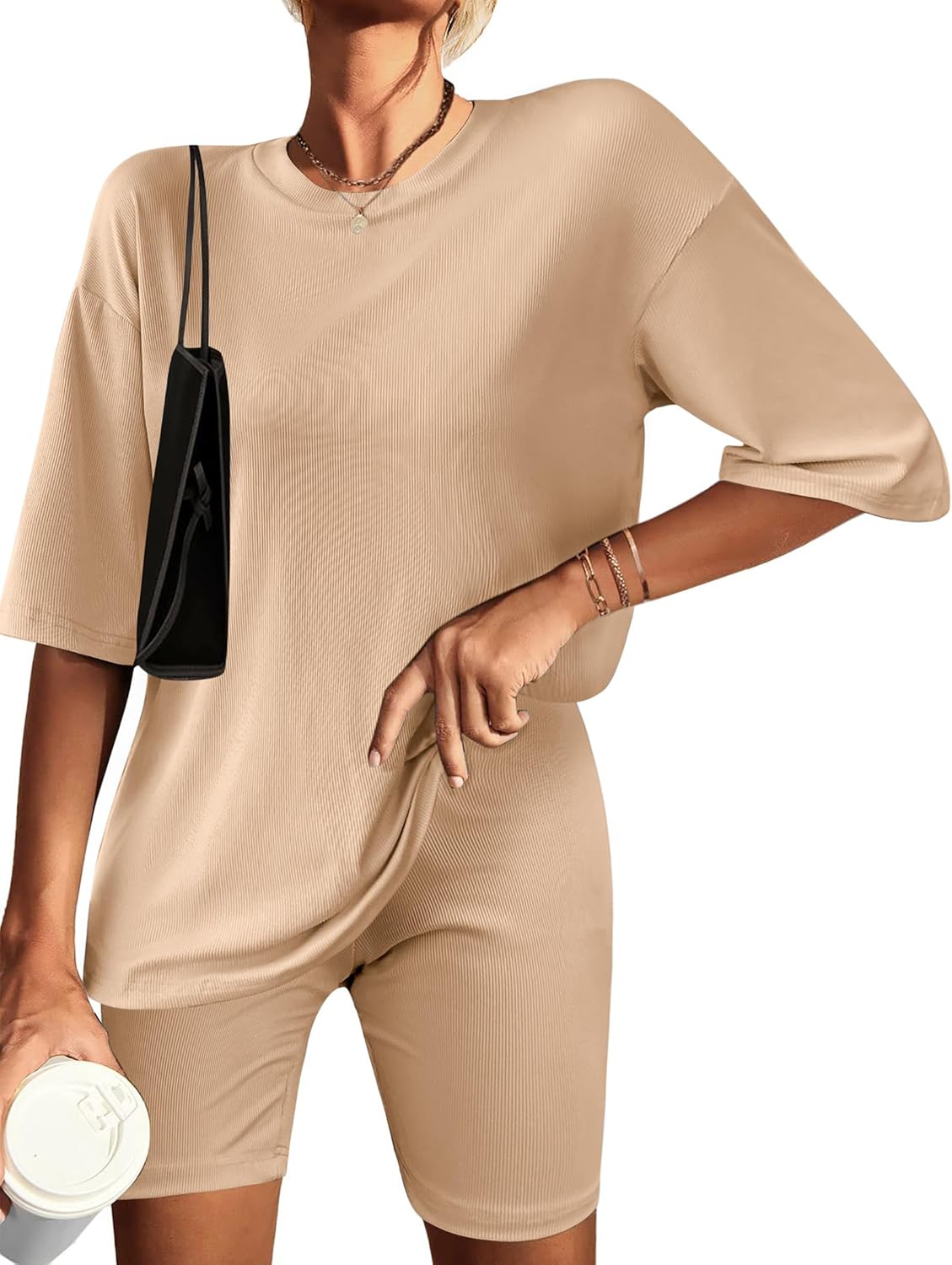 Beige ribbed knit lounge set: T-shirt and matching biker shorts