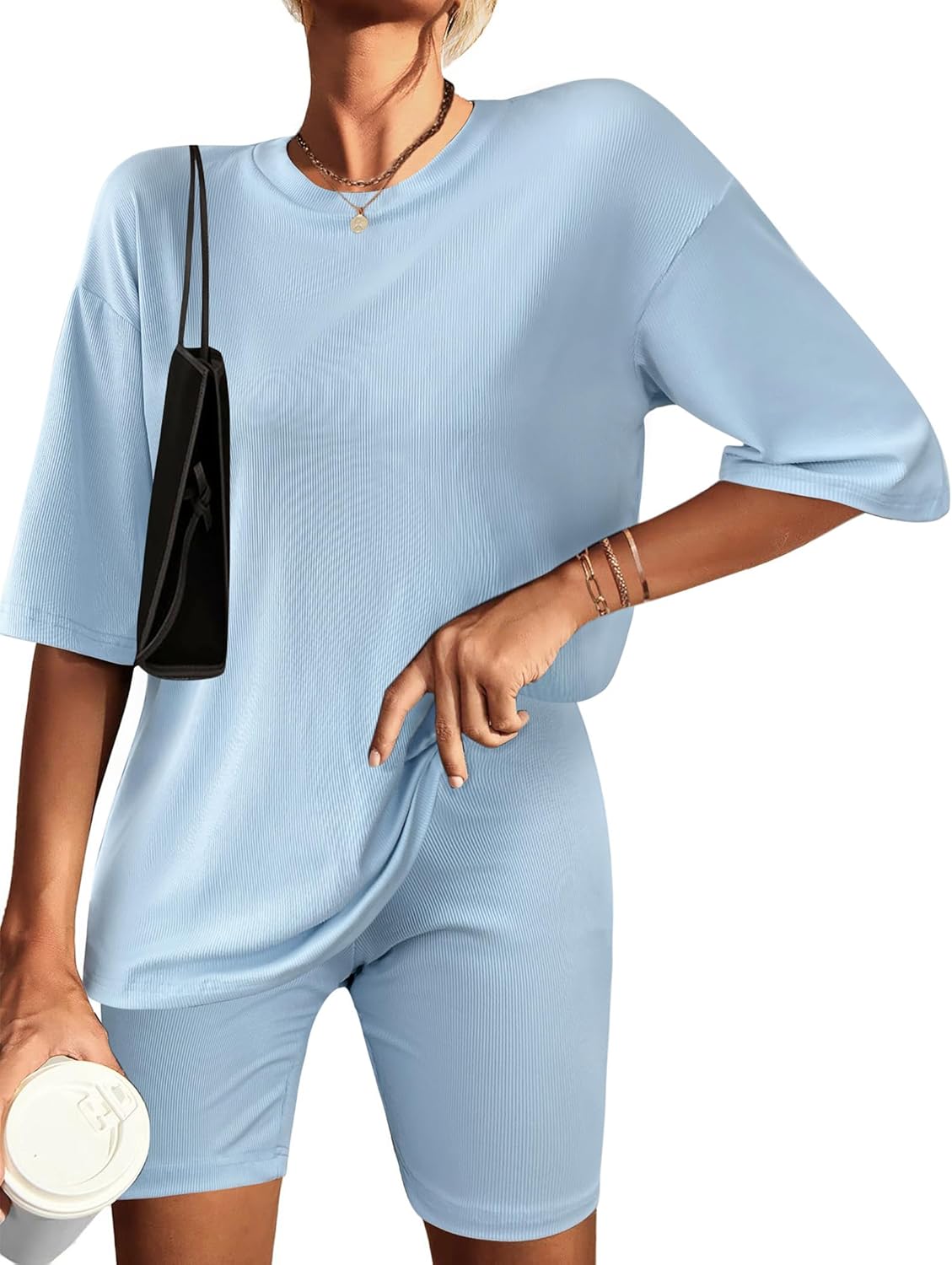 Light blue ribbed knit lounge set: T-shirt and matching biker shorts