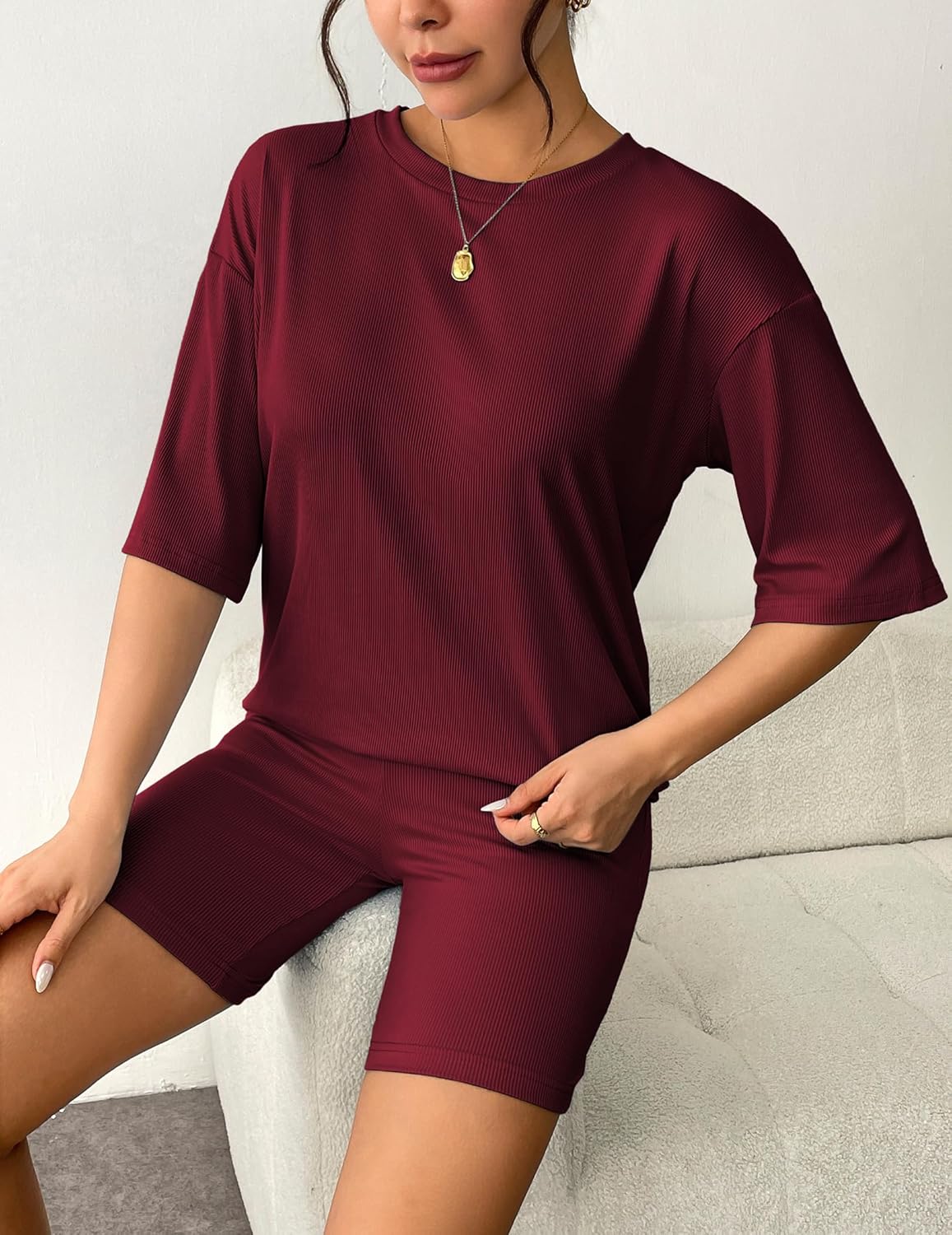 Wine red ribbed knit lounge set: T-shirt and matching biker shorts