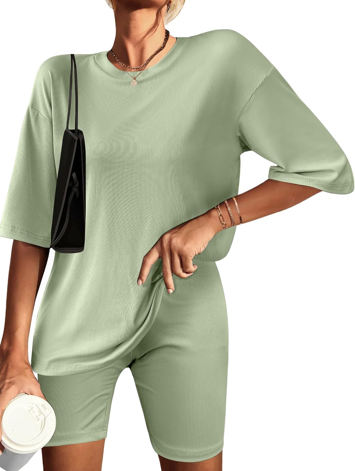 Ribbed knit lounge set in light green: short-sleeve T-shirt and biker shorts