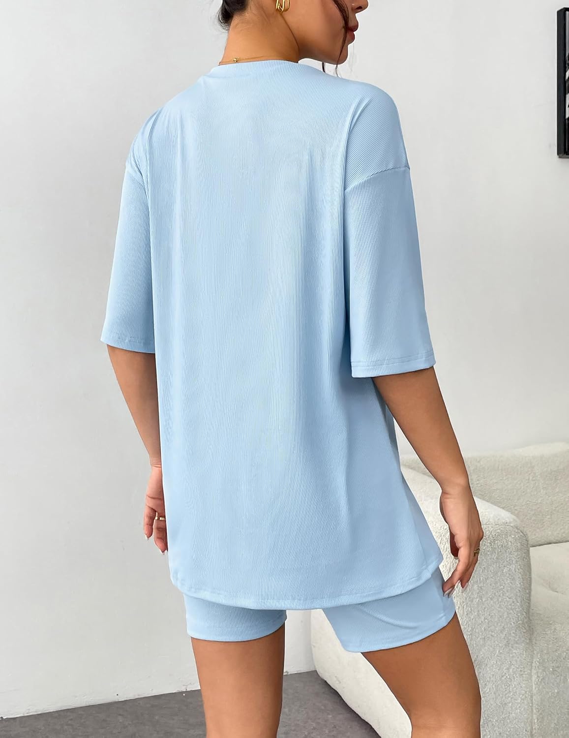 Light blue ribbed knit lounge set with short-sleeve T-shirt and matching shorts, back view