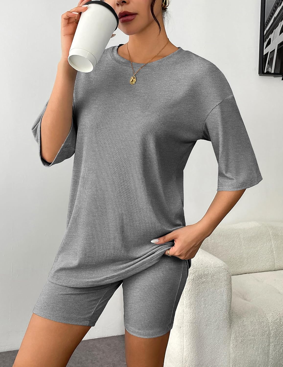 Gray ribbed knit lounge set with short-sleeve T-shirt and matching biker shorts