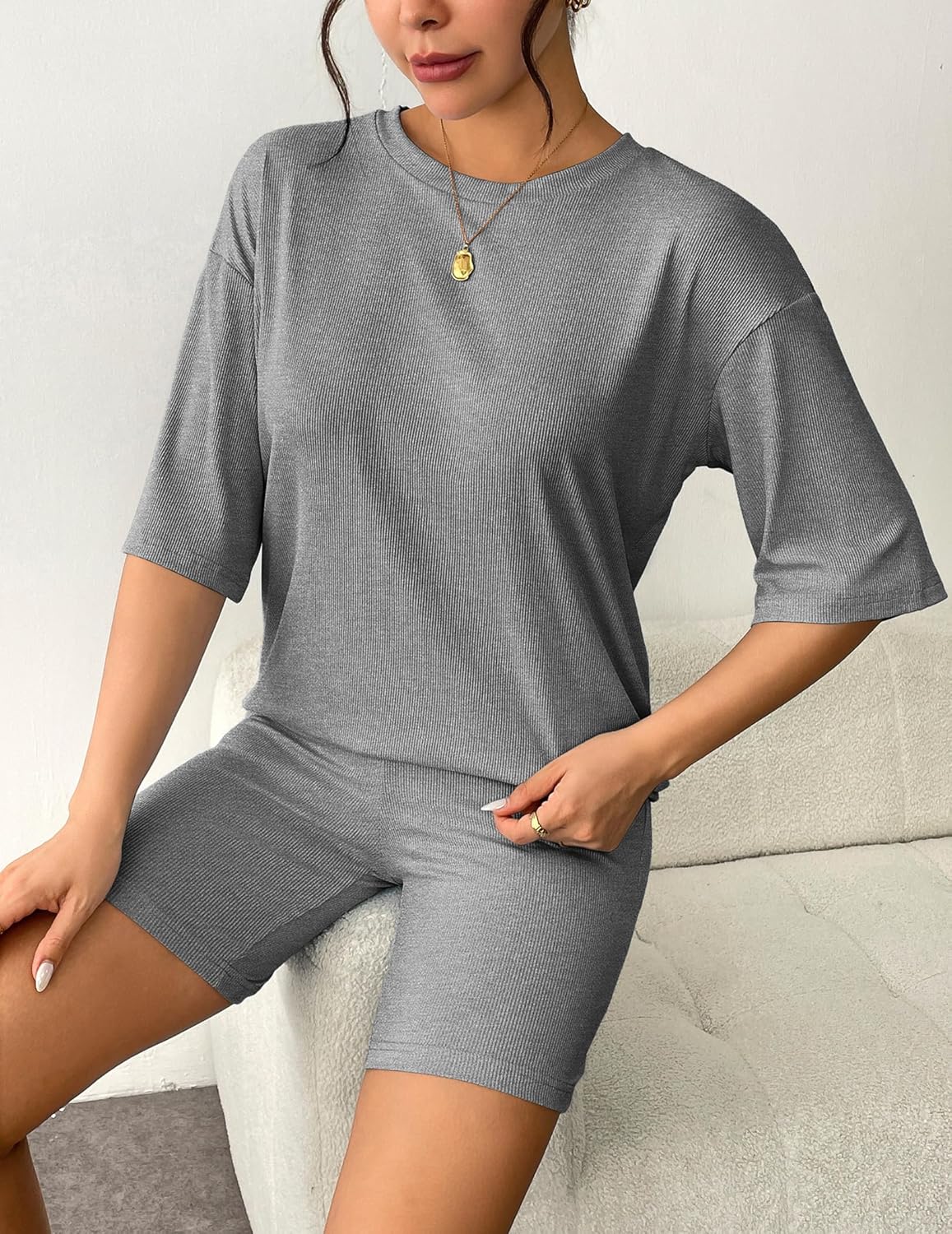 Gray ribbed knit lounge set with loose short-sleeve T-shirt and biker shorts