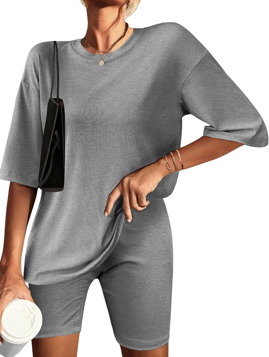 Dark grey ribbed knit lounge set with short-sleeve T-shirt and matching shorts, side view