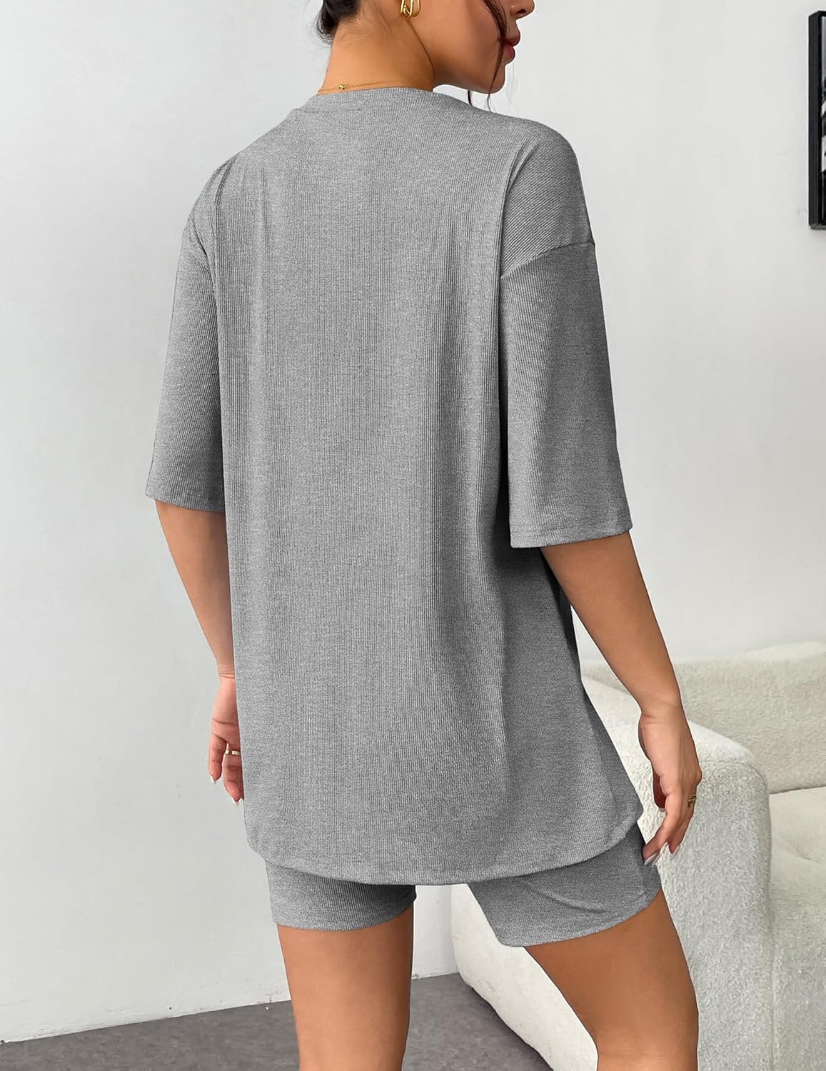 Gray ribbed knit lounge set, back view of short-sleeve T-shirt and biker shorts