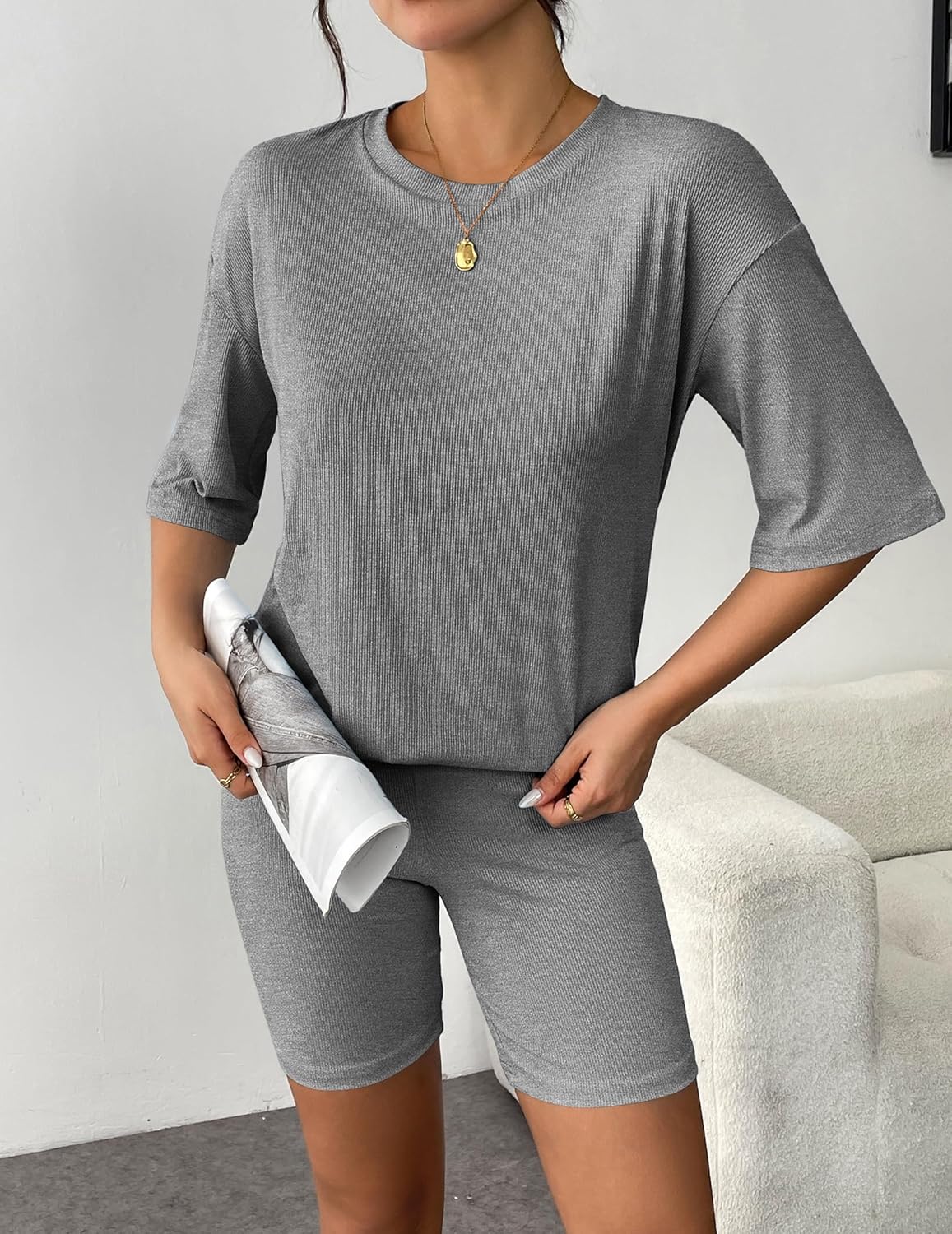 Gray ribbed knit short-sleeve T-shirt with matching biker shorts, lounge set