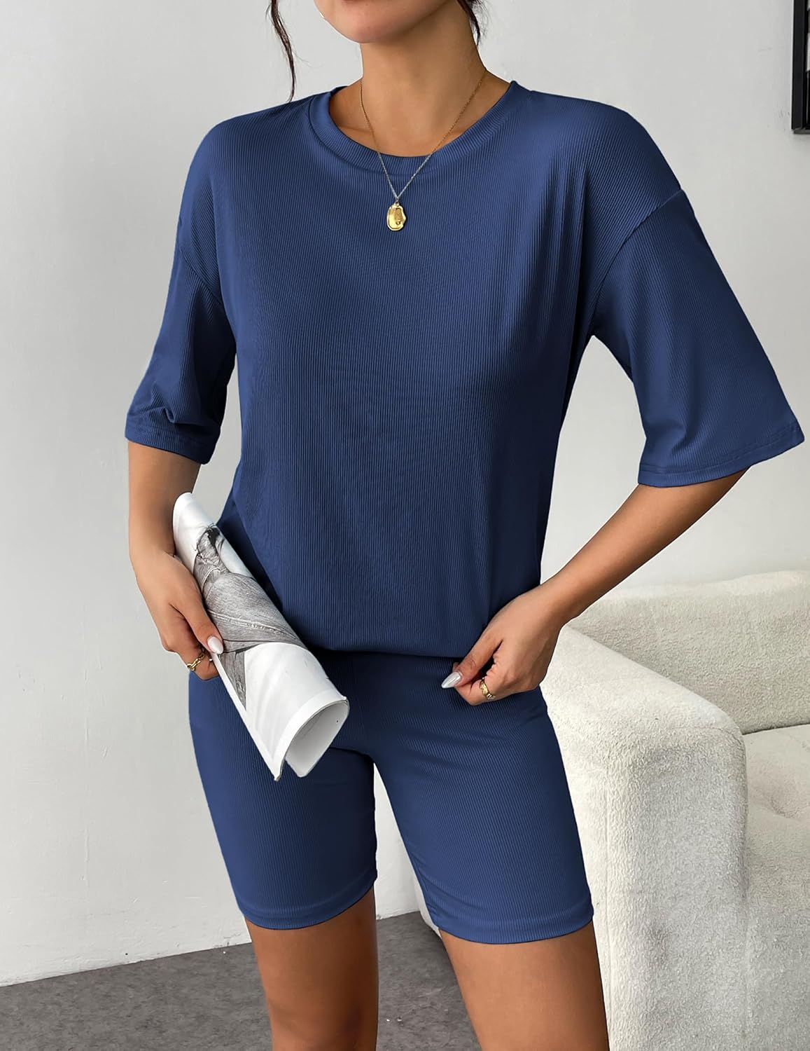 Navy blue ribbed knit lounge set with short-sleeve T-shirt and matching bike shorts, front view