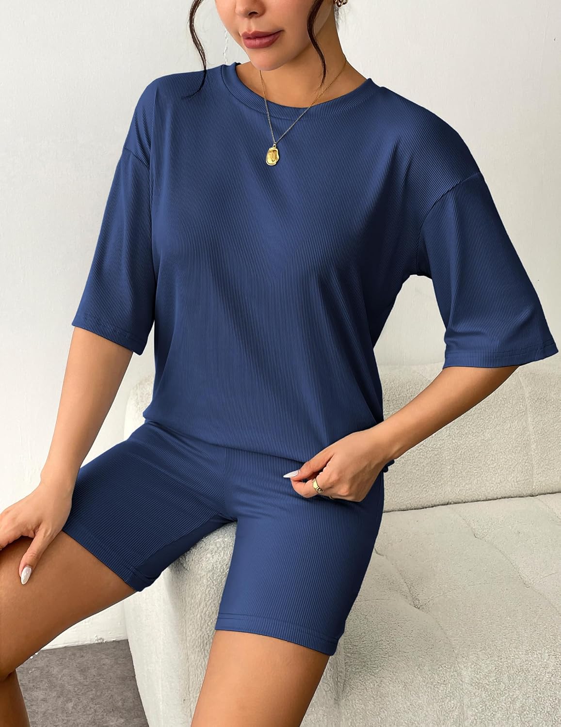 Navy blue ribbed knit lounge set with short-sleeve T-shirt and matching shorts, relaxed front