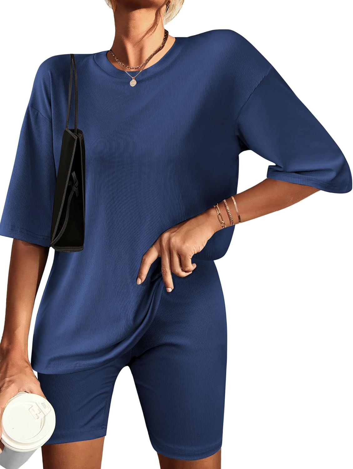 Navy blue ribbed knit lounge set with short-sleeve T-shirt and matching bike shorts, side view